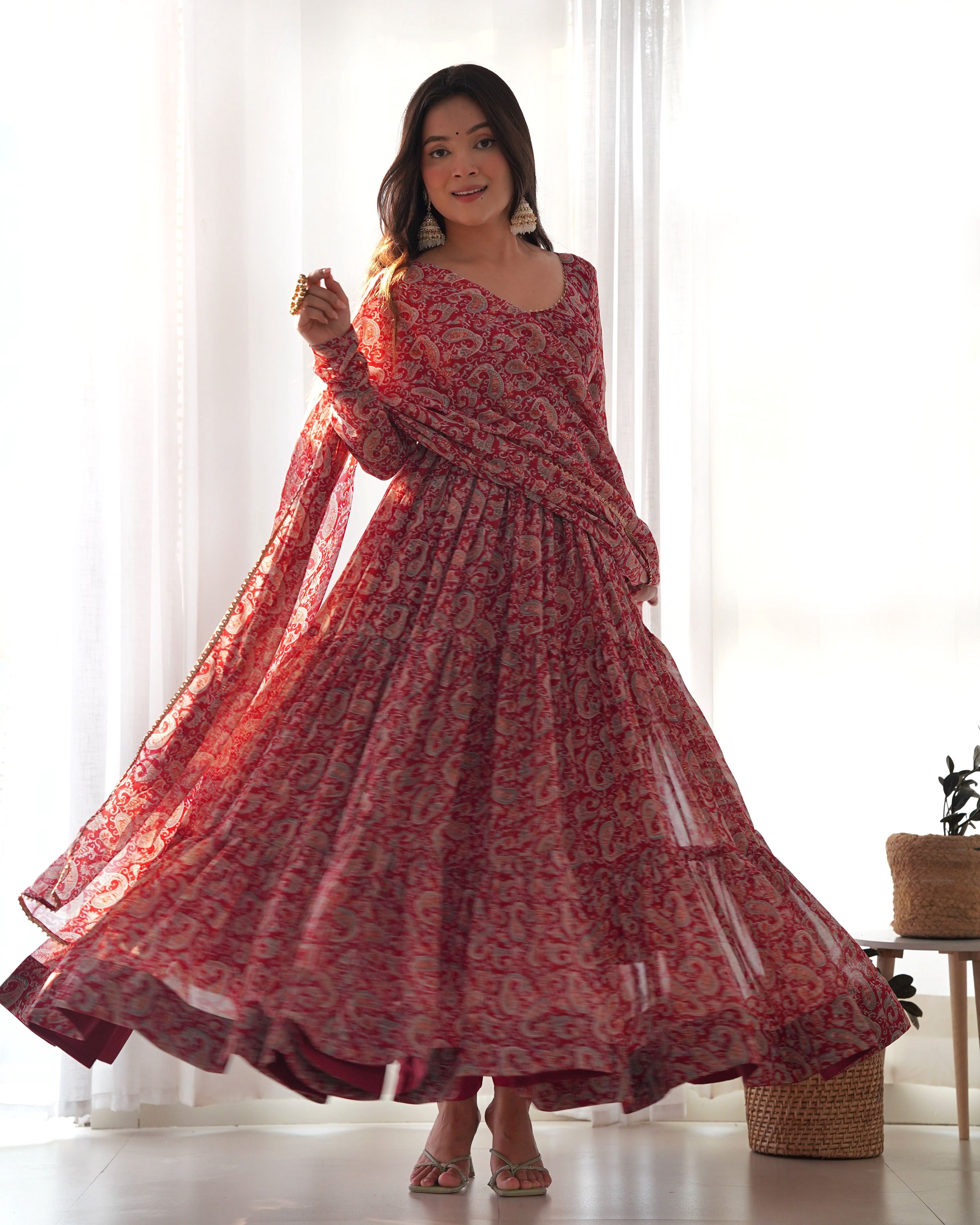 Teeya Creation Multicolor Abstract Print Faux Georgette Anarkali Gown With Pants And Dupatta