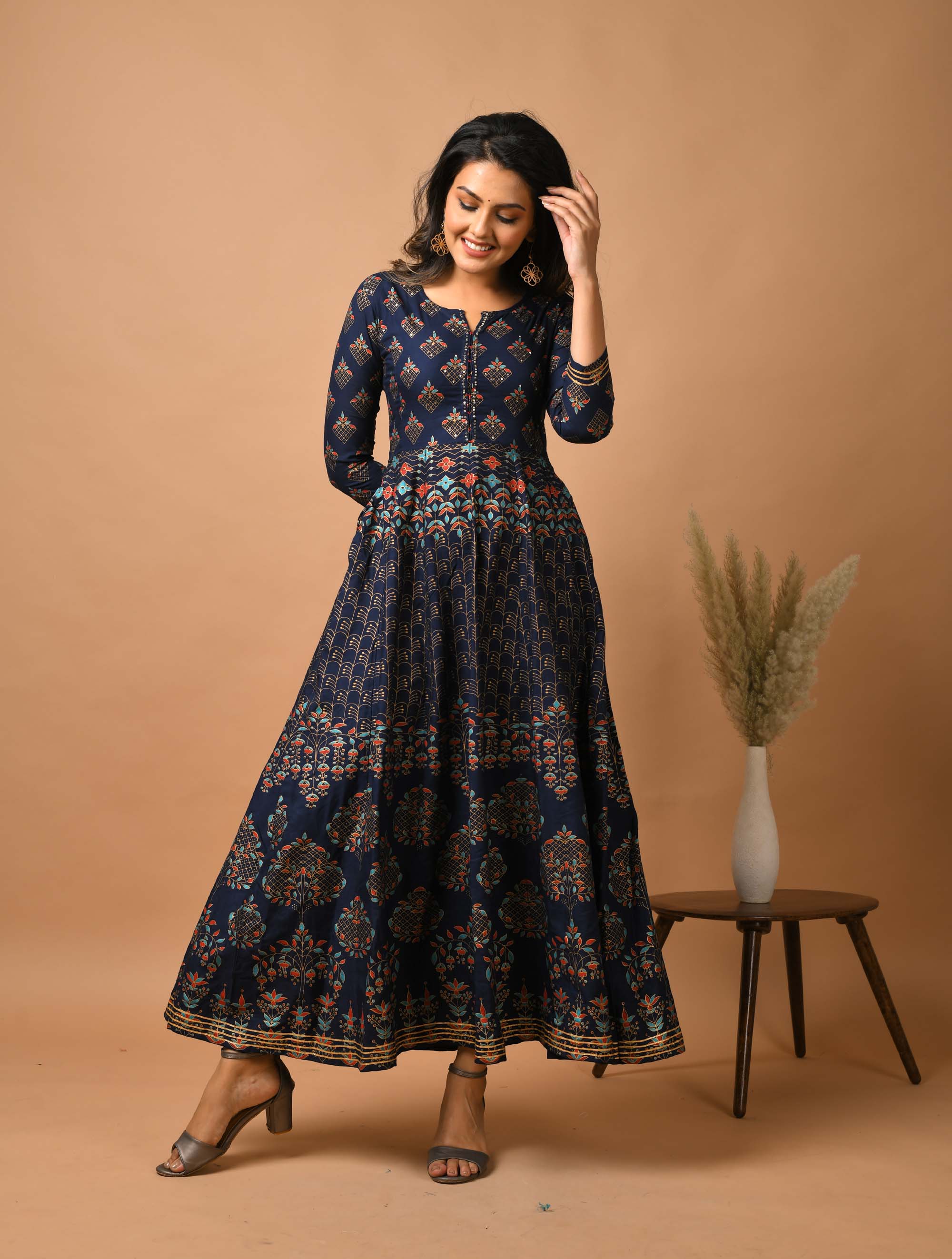 Kaajh Women's Blue Gold Print Anarkali kurta - Distacart