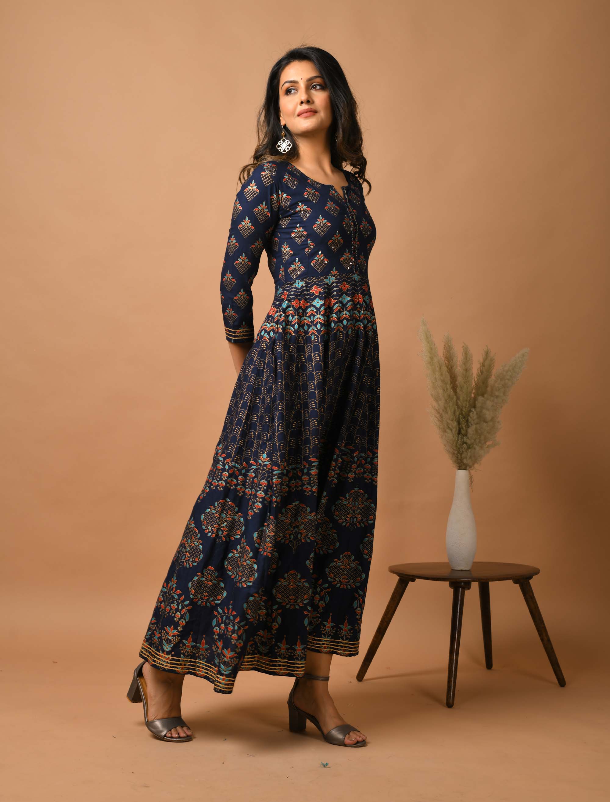 Kaajh Women's Blue Gold Print Anarkali kurta - Distacart