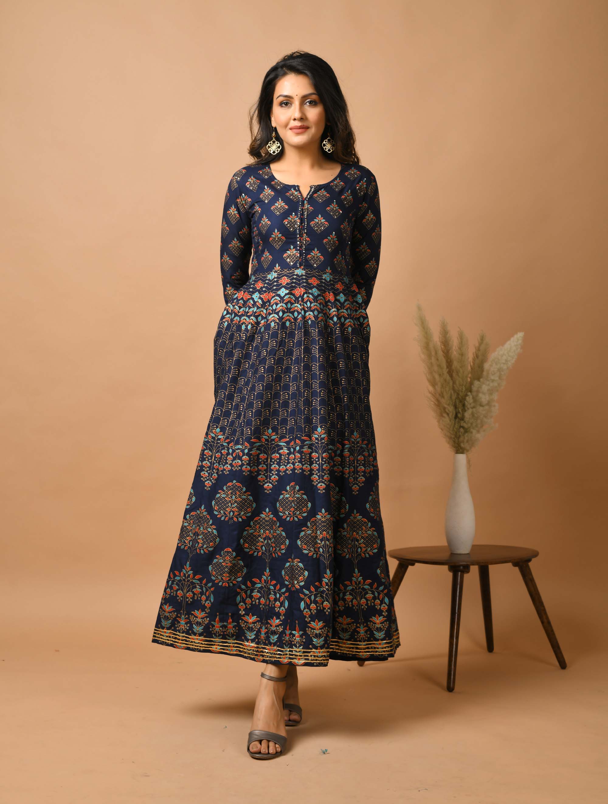 Kaajh Women's Blue Gold Print Anarkali kurta - Distacart
