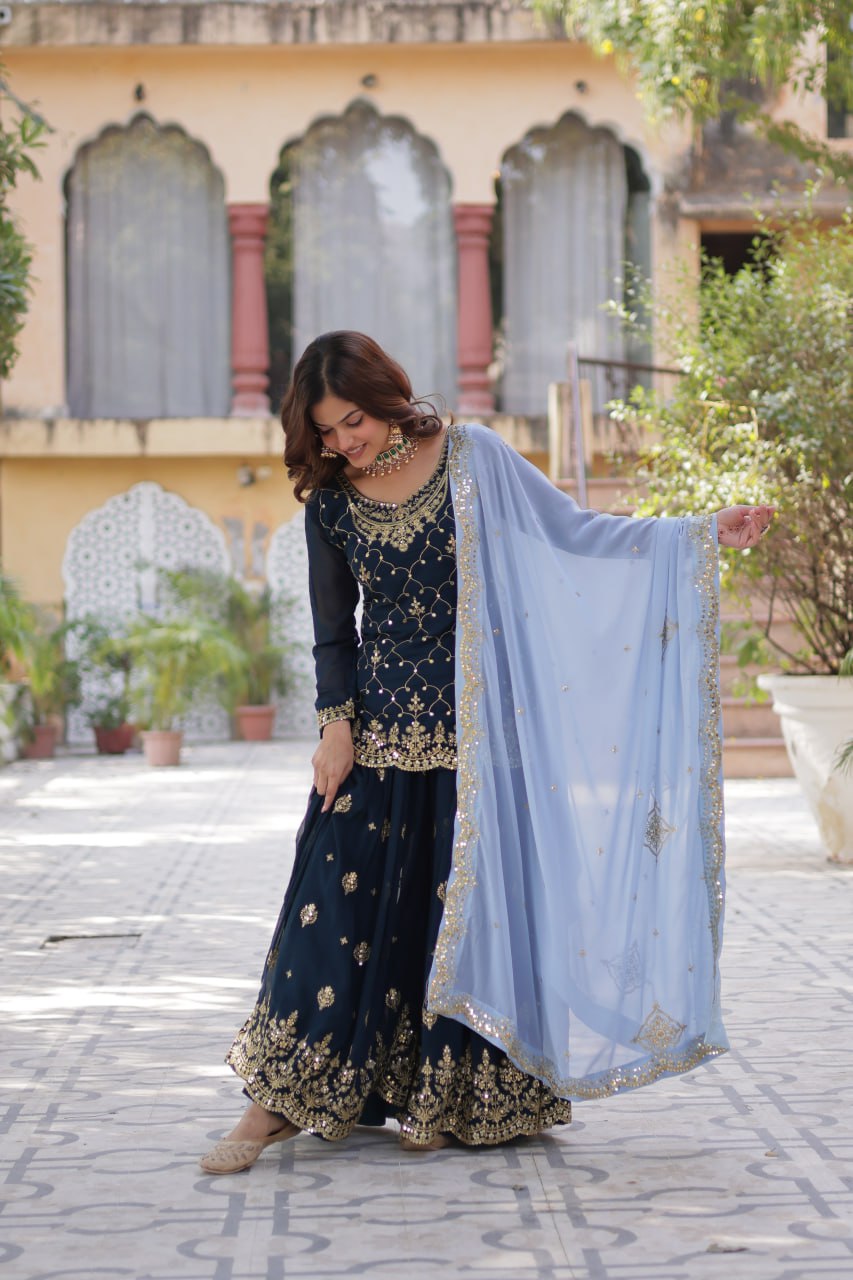 Teeya Creation Blue Color Faux georgette Heavy Embroidery Work Fully Stitched Palazzo