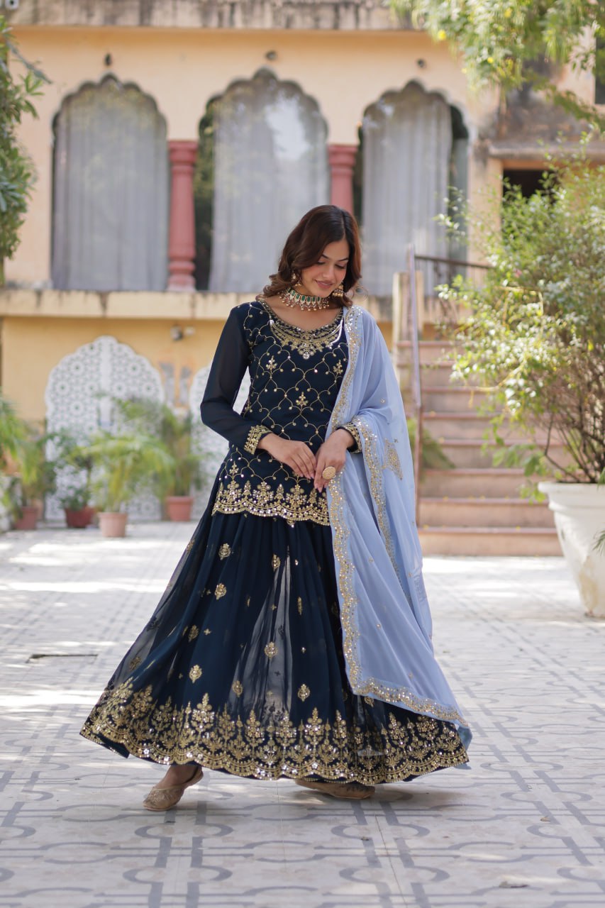 Teeya Creation Blue Color Faux georgette Heavy Embroidery Work Fully Stitched Palazzo