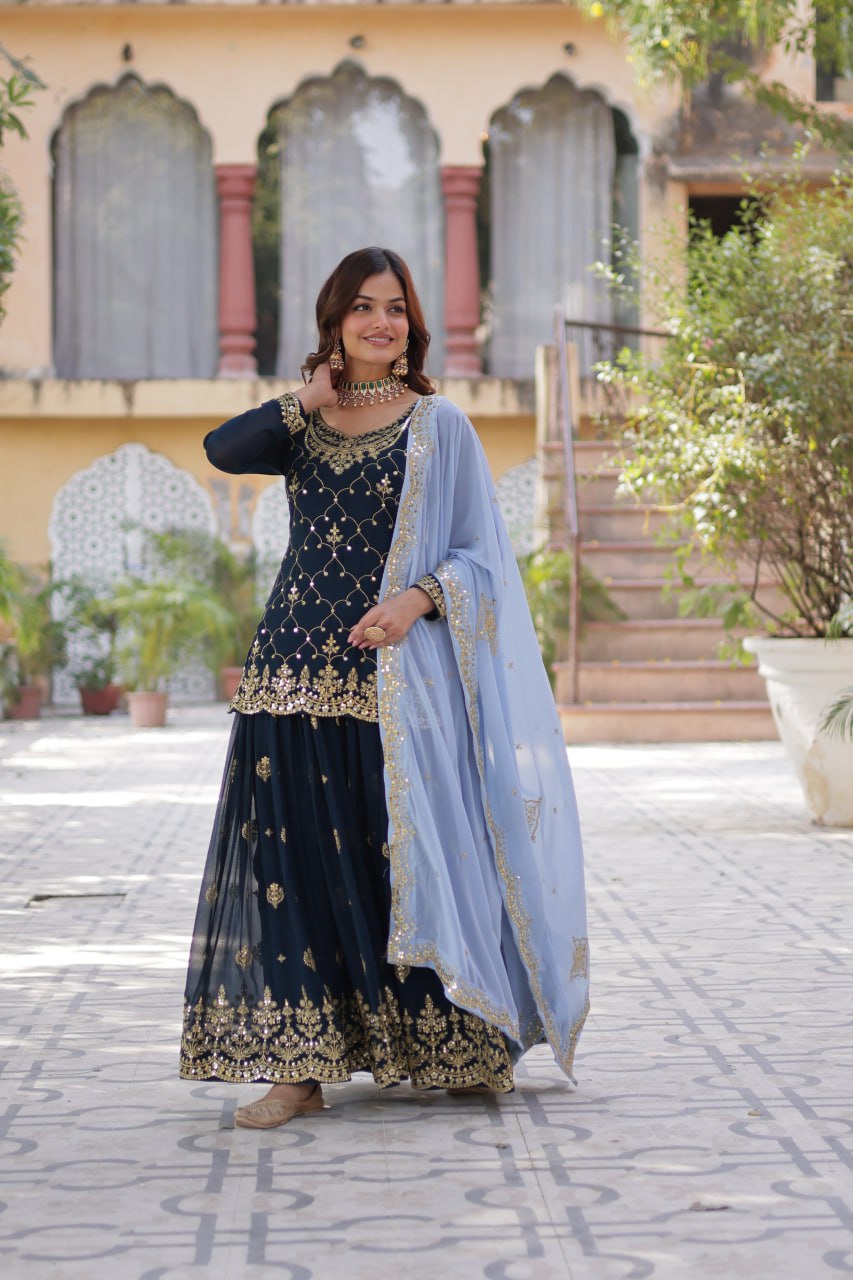 Teeya Creation Blue Color Faux georgette Heavy Embroidery Work Fully Stitched Palazzo