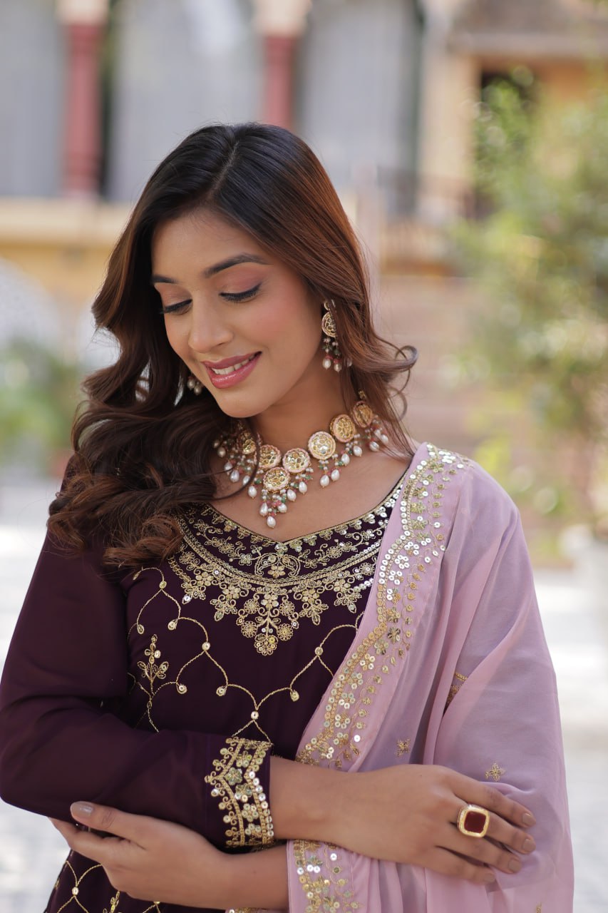 Teeya Creation Wine Color Faux georgette Heavy Embroidery Work Fully Stitched Palazzo