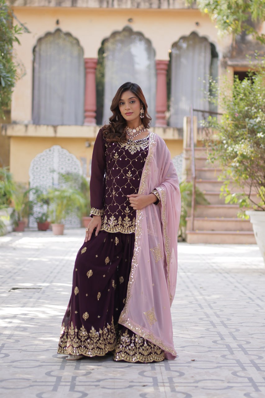 Teeya Creation Wine Color Faux georgette Heavy Embroidery Work Fully Stitched Palazzo