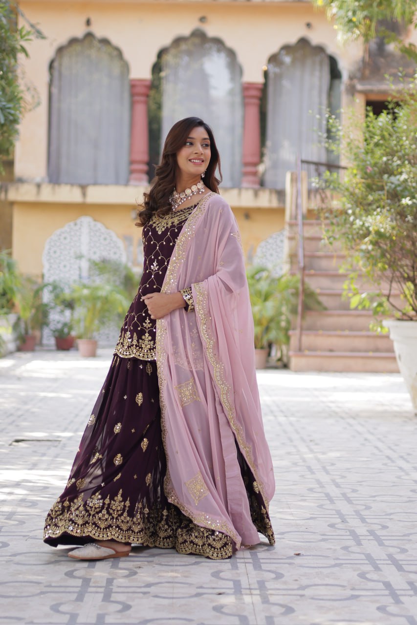 Teeya Creation Wine Color Faux georgette Heavy Embroidery Work Fully Stitched Palazzo