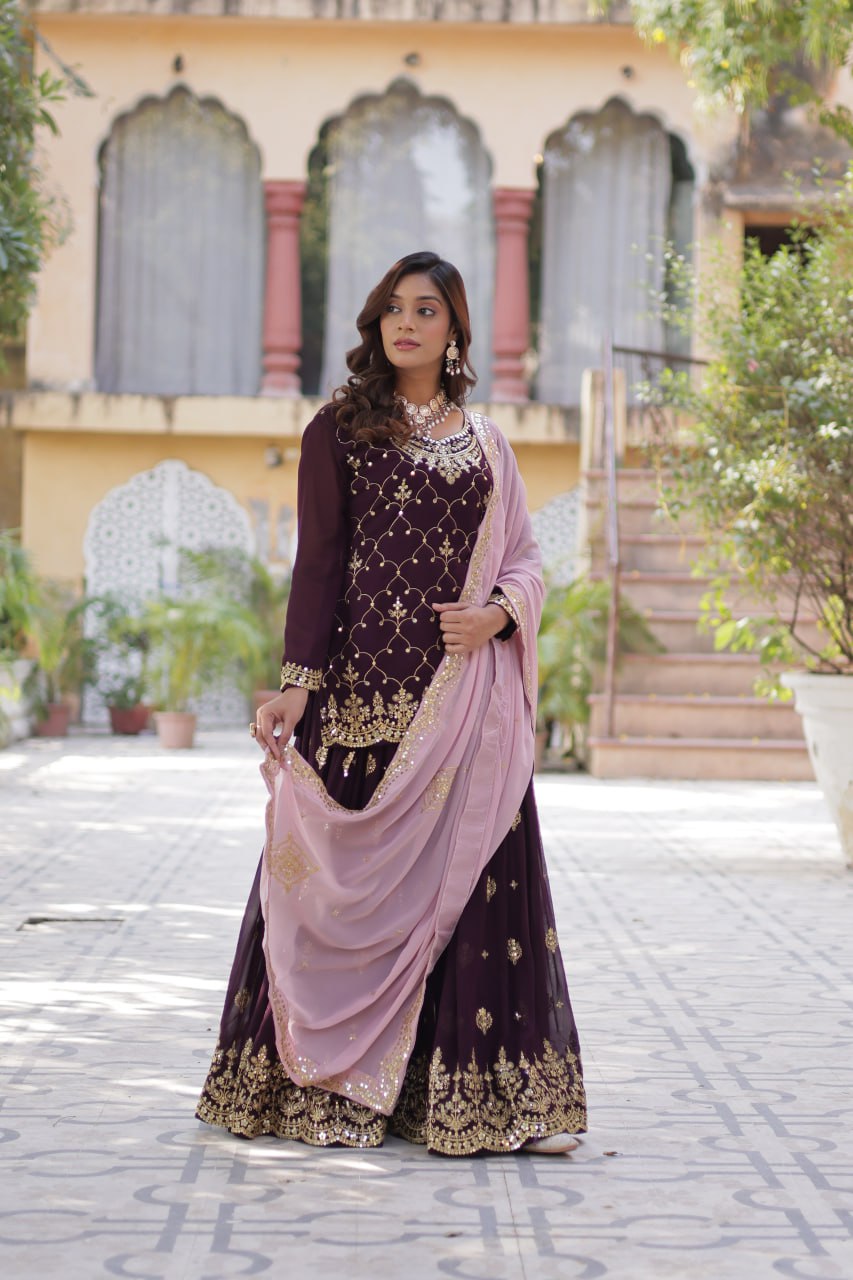 Teeya Creation Wine Color Faux georgette Heavy Embroidery Work Fully Stitched Palazzo