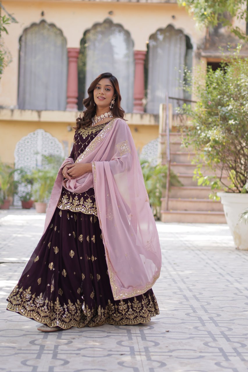 Teeya Creation Wine Color Faux georgette Heavy Embroidery Work Fully Stitched Palazzo