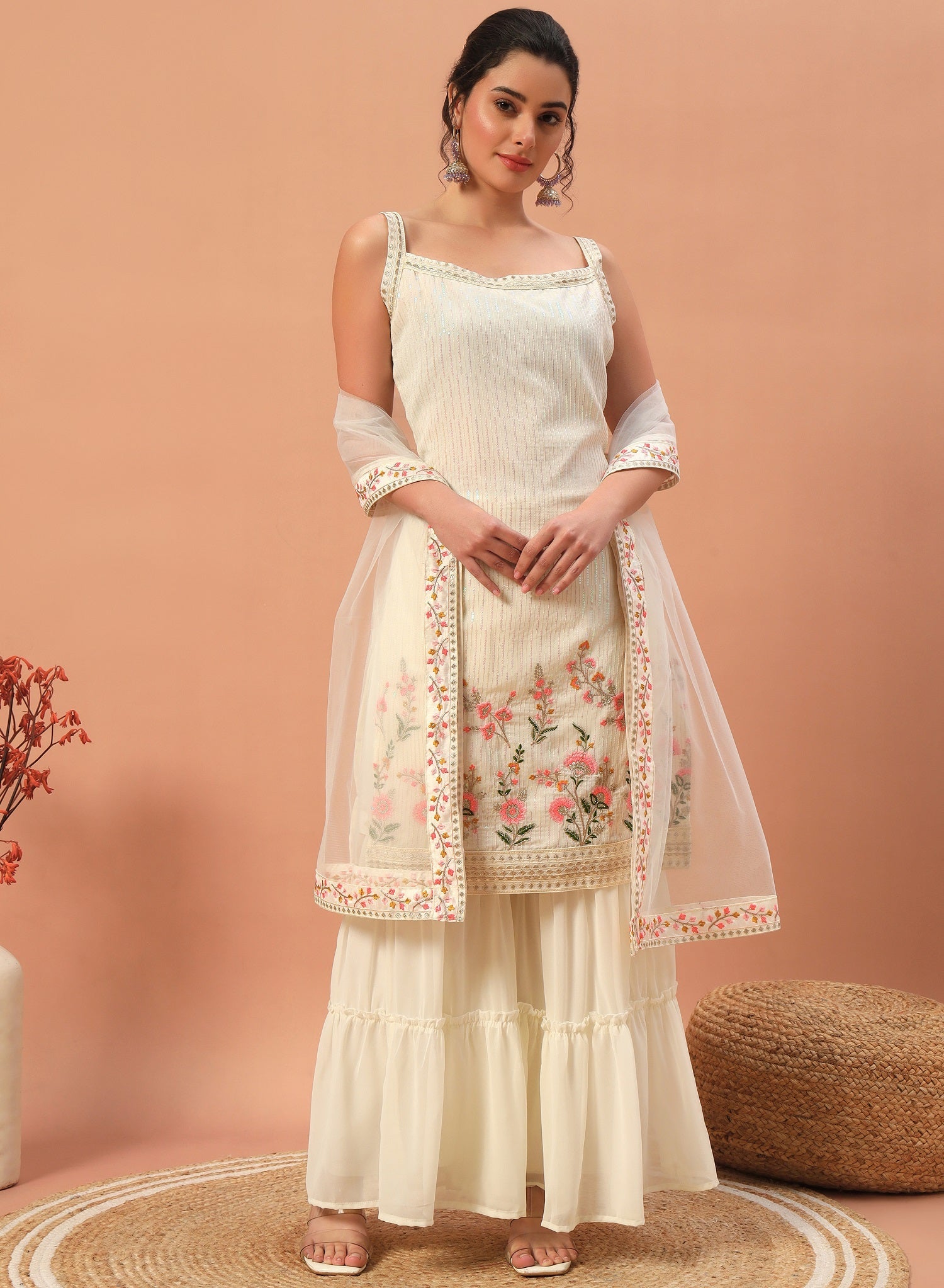 Teeya Creation Cream Color Faux georgette Heavy Embroidery Work Fully Stitched Sharara Set - Distacart