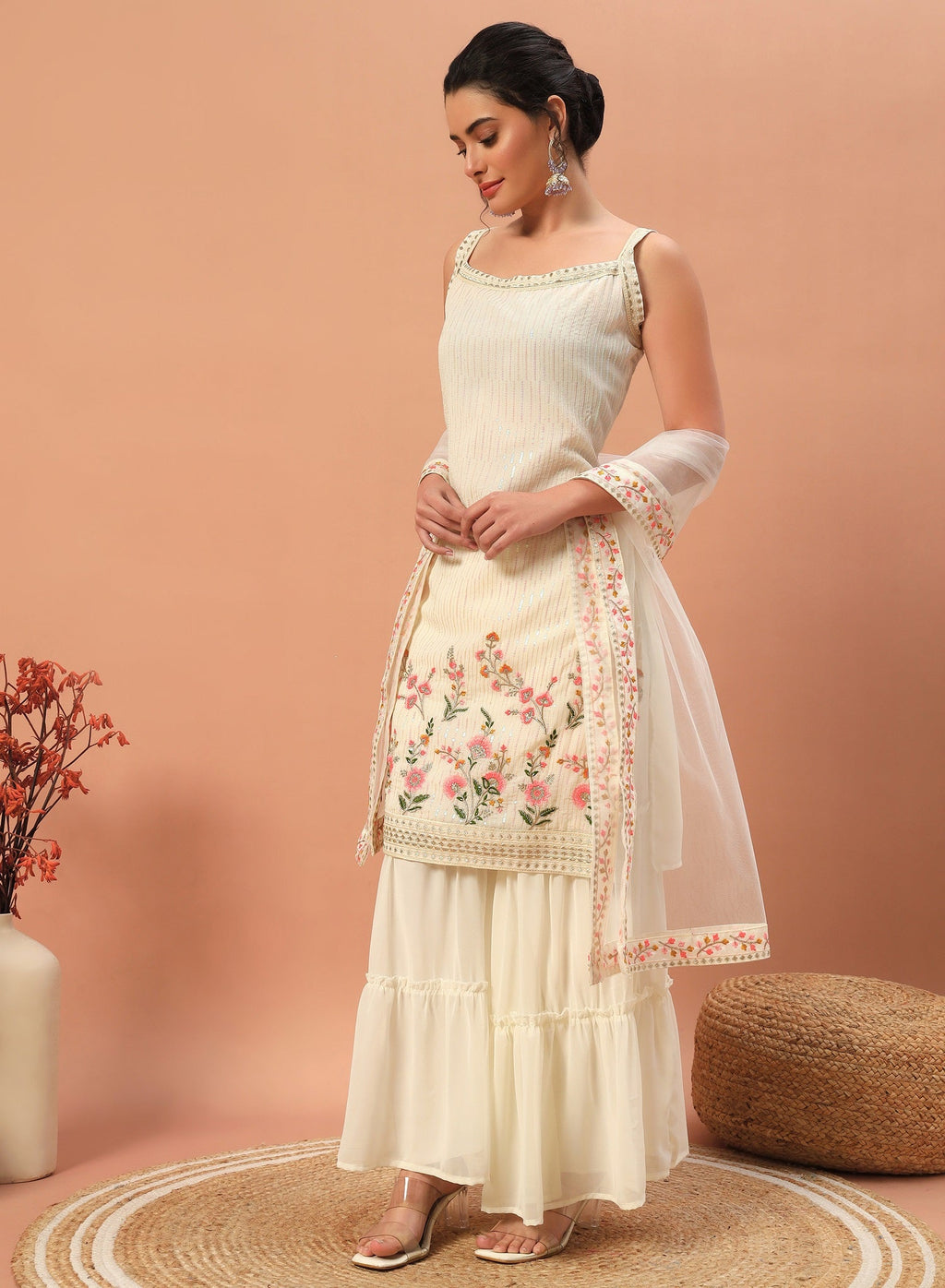 Teeya Creation Cream Color Faux georgette Heavy Embroidery Work Fully Stitched Sharara Set - Distacart