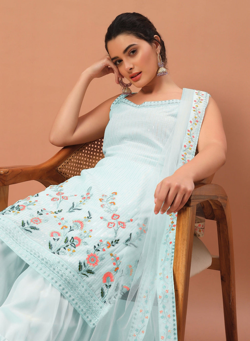 Teeya Creation Sky Color Faux georgette Heavy Embroidery Work Fully Stitched Sharara Set - Distacart