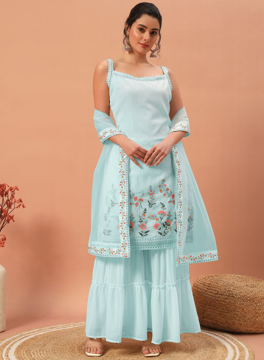 Teeya Creation Sky Color Faux georgette Heavy Embroidery Work Fully Stitched Sharara Set - Distacart