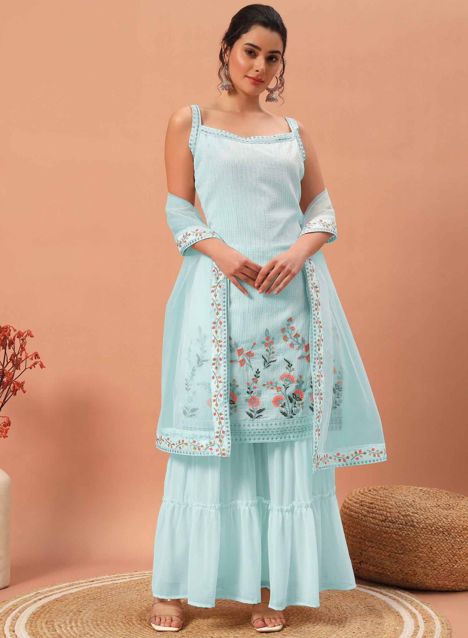 Teeya Creation Sky Color Faux georgette Heavy Embroidery Work Fully Stitched Sharara Set - Distacart