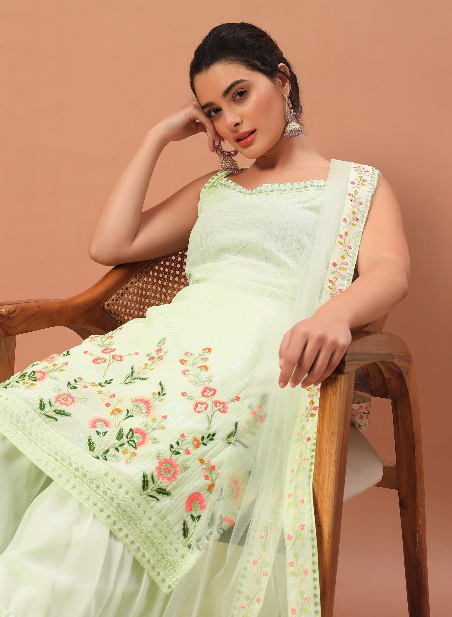 Teeya Creation Pista Color Faux georgette Heavy Embroidery Work Fully Stitched Sharara Set - Distacart
