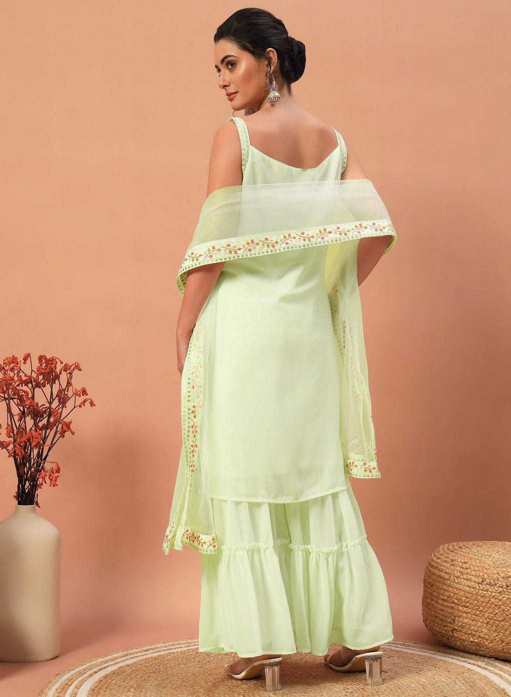 Teeya Creation Pista Color Faux georgette Heavy Embroidery Work Fully Stitched Sharara Set - Distacart