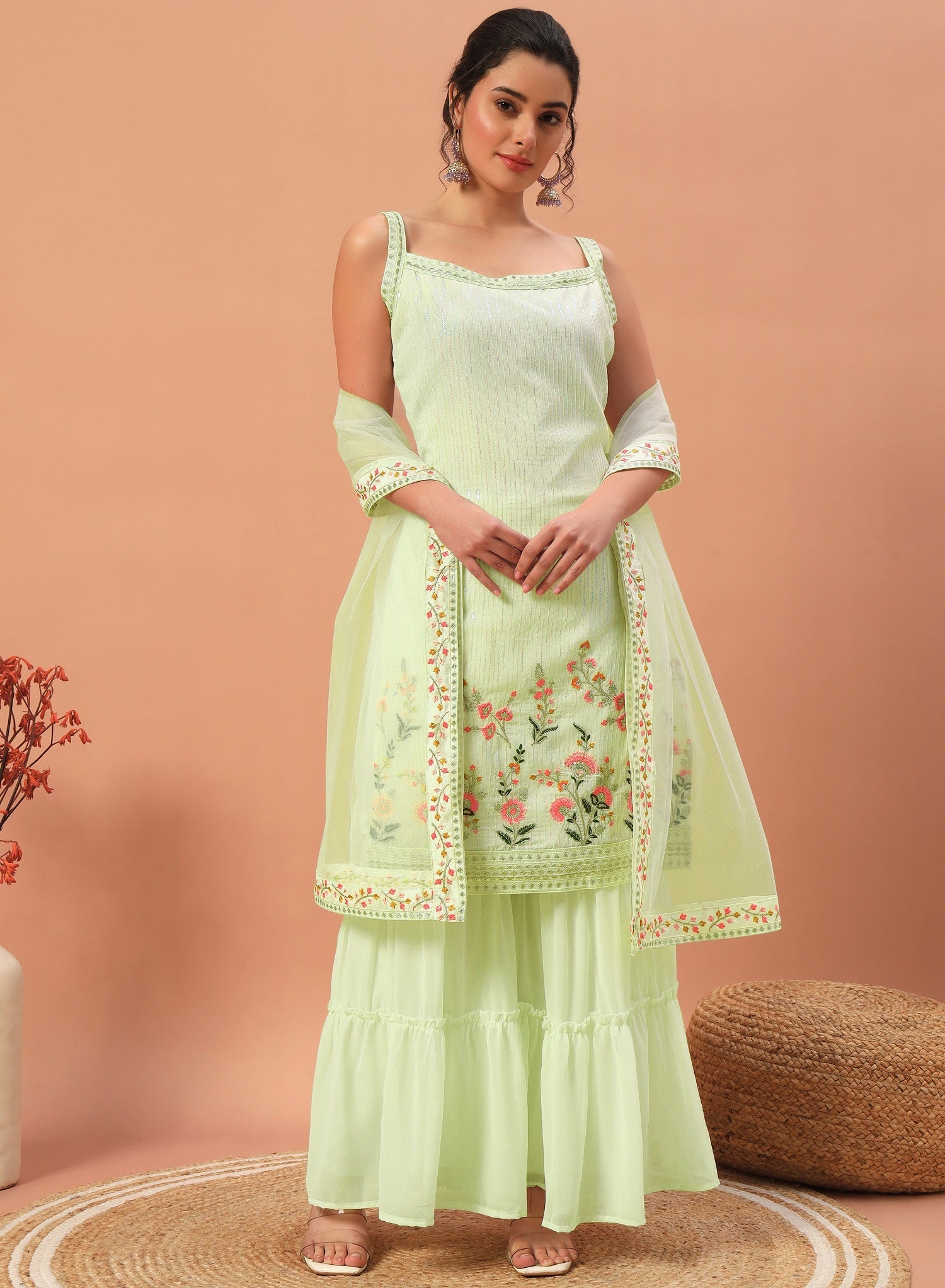Teeya Creation Pista Color Faux georgette Heavy Embroidery Work Fully Stitched Sharara Set - Distacart