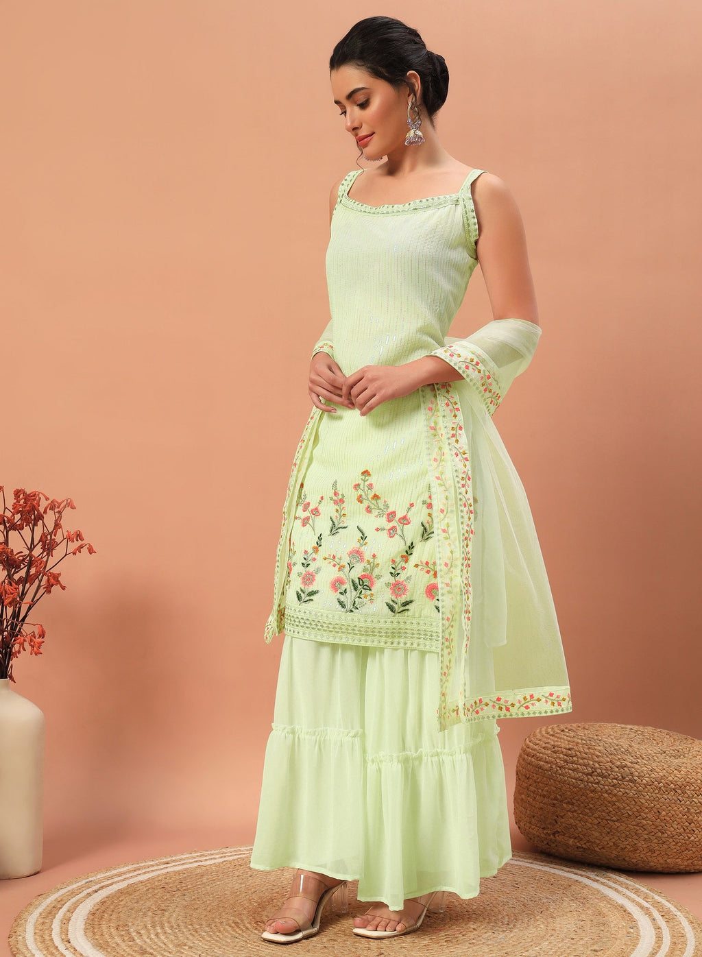 Teeya Creation Pista Color Faux georgette Heavy Embroidery Work Fully Stitched Sharara Set - Distacart