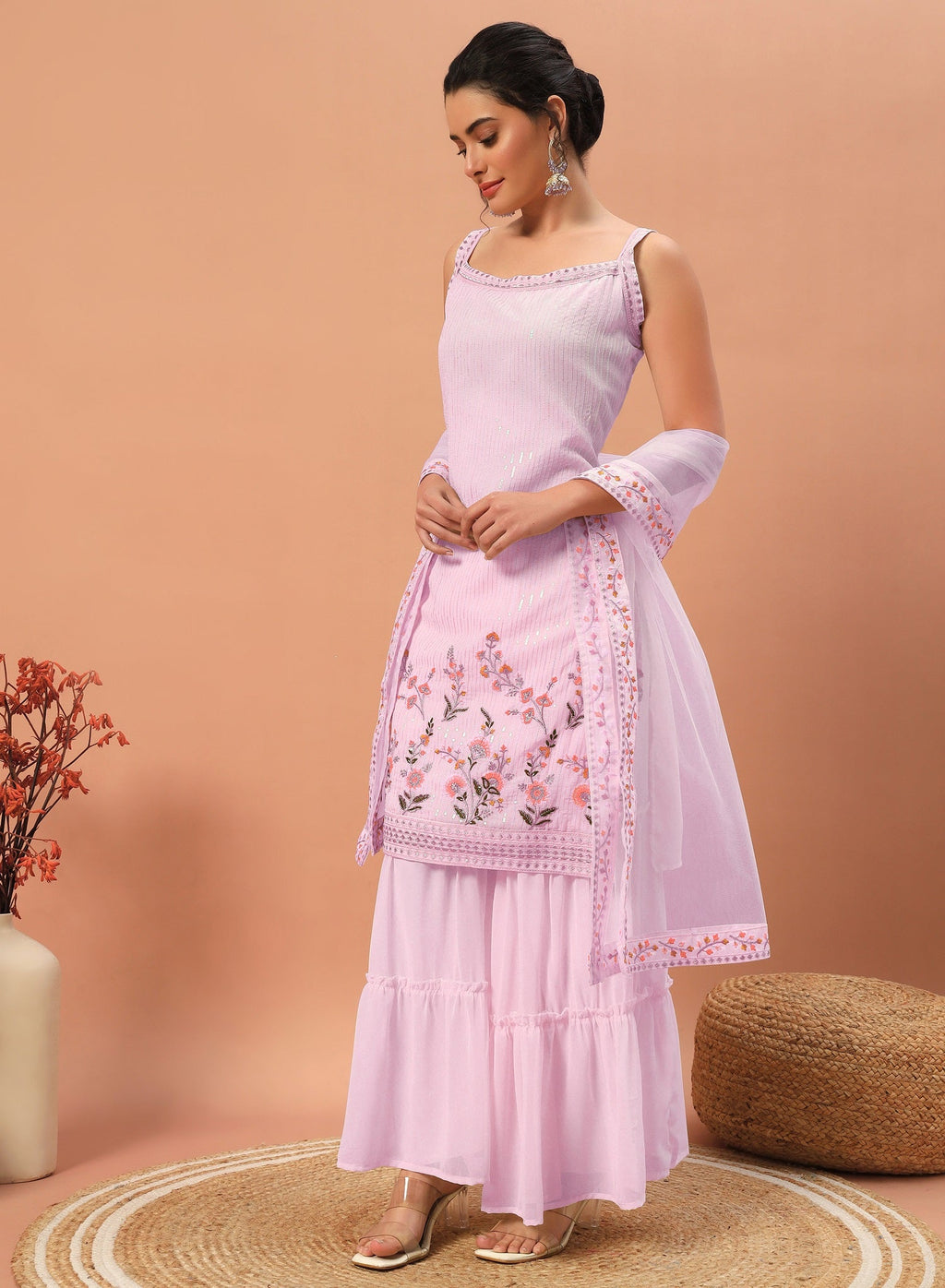 Teeya Creation Pink Color Faux georgette Heavy Embroidery Work Fully Stitched Sharara Set - Distacart
