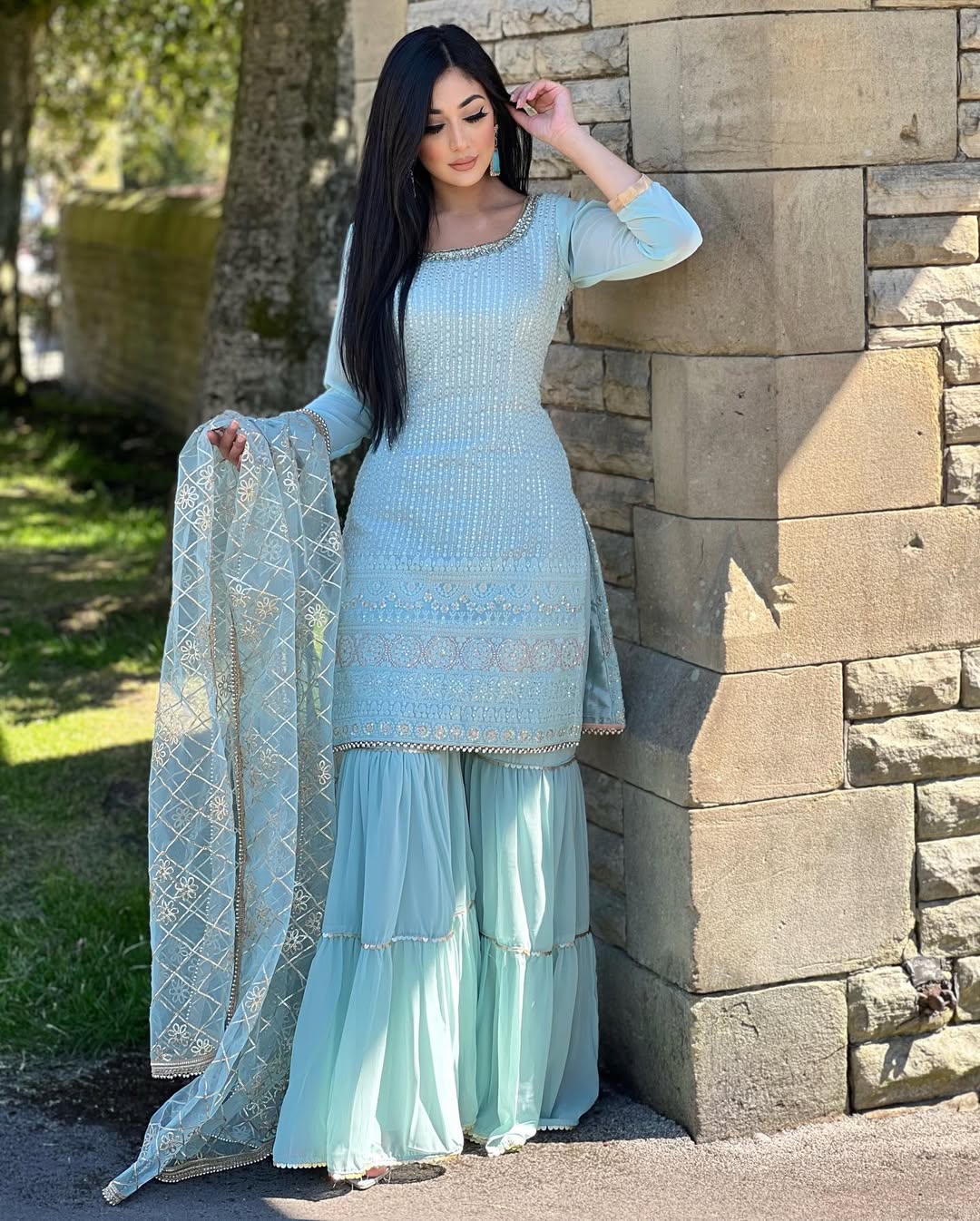 Teeya Creation Sky Colour Chinon Silk Heavy Embroidery Work Fully Stitched Salwar Suit - Distacart