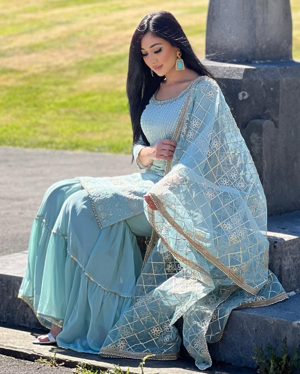 Teeya Creation Sky Colour Chinon Silk Heavy Embroidery Work Fully Stitched Salwar Suit - Distacart