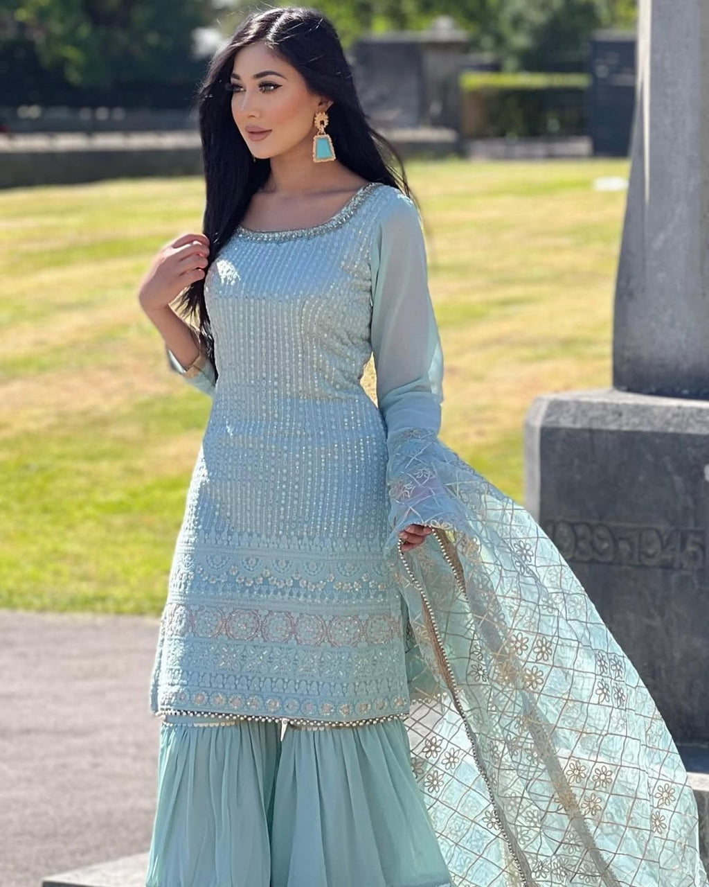 Teeya Creation Sky Colour Chinon Silk Heavy Embroidery Work Fully Stitched Salwar Suit - Distacart