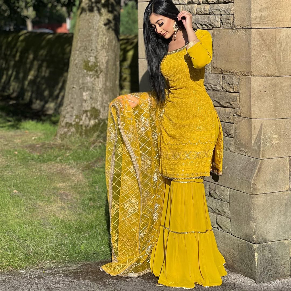 Teeya Creation Yellow Colour Chinon Silk Heavy Embroidery Work Fully Stitched Salwar Suit - Distacart