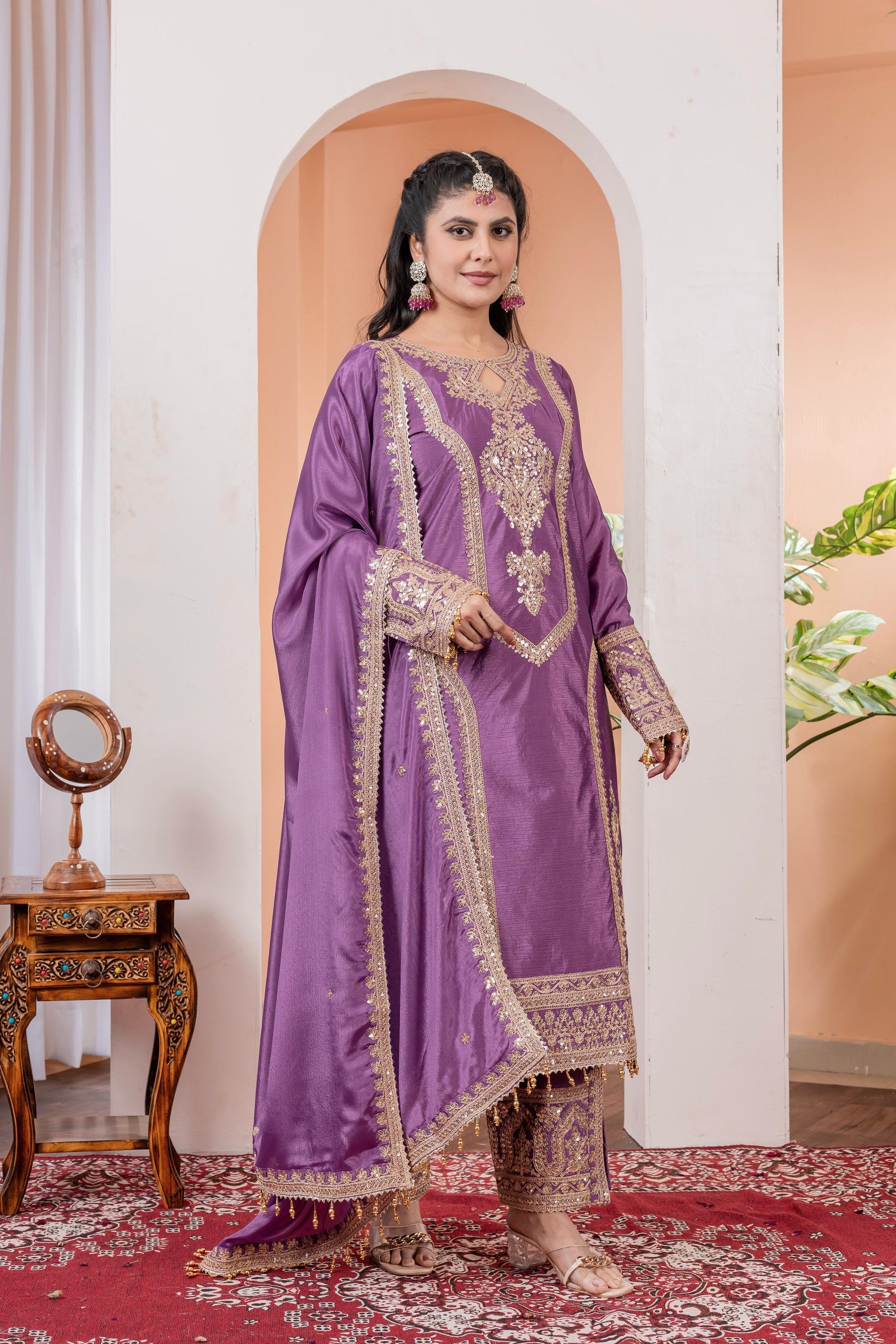 Teeya Creation Lavender Color Chinon Silk Heavy Embroidery Work Fully Stitched Salwar Suit - Distacart