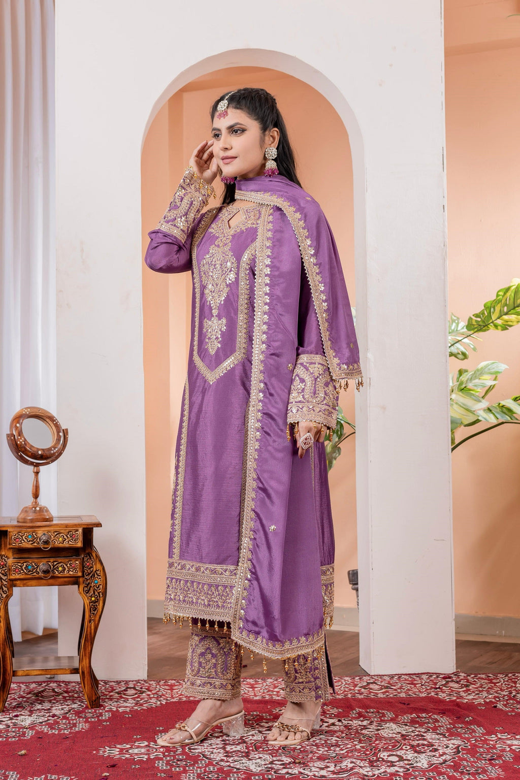Teeya Creation Lavender Color Chinon Silk Heavy Embroidery Work Fully Stitched Salwar Suit - Distacart