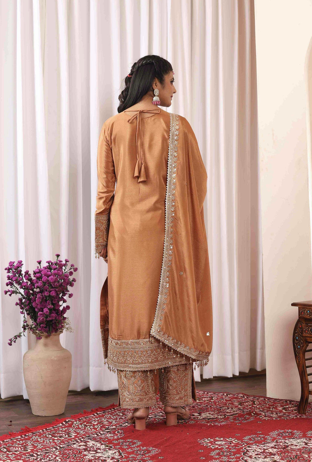 Teeya Creation Peach Color Chinon Silk Heavy Embroidery Work Fully Stitched Salwar Suit - Distacart