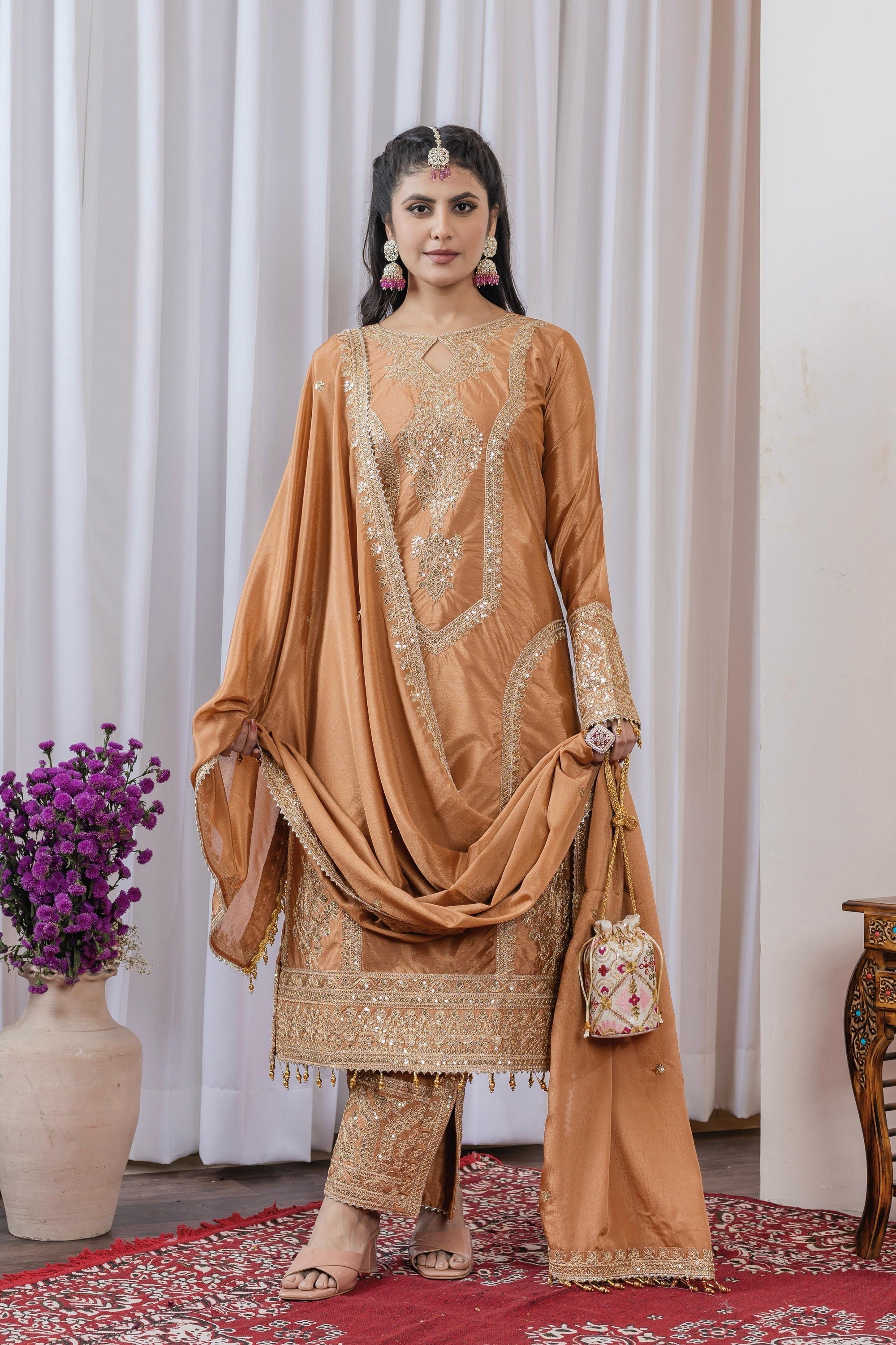 Teeya Creation Peach Color Chinon Silk Heavy Embroidery Work Fully Stitched Salwar Suit - Distacart