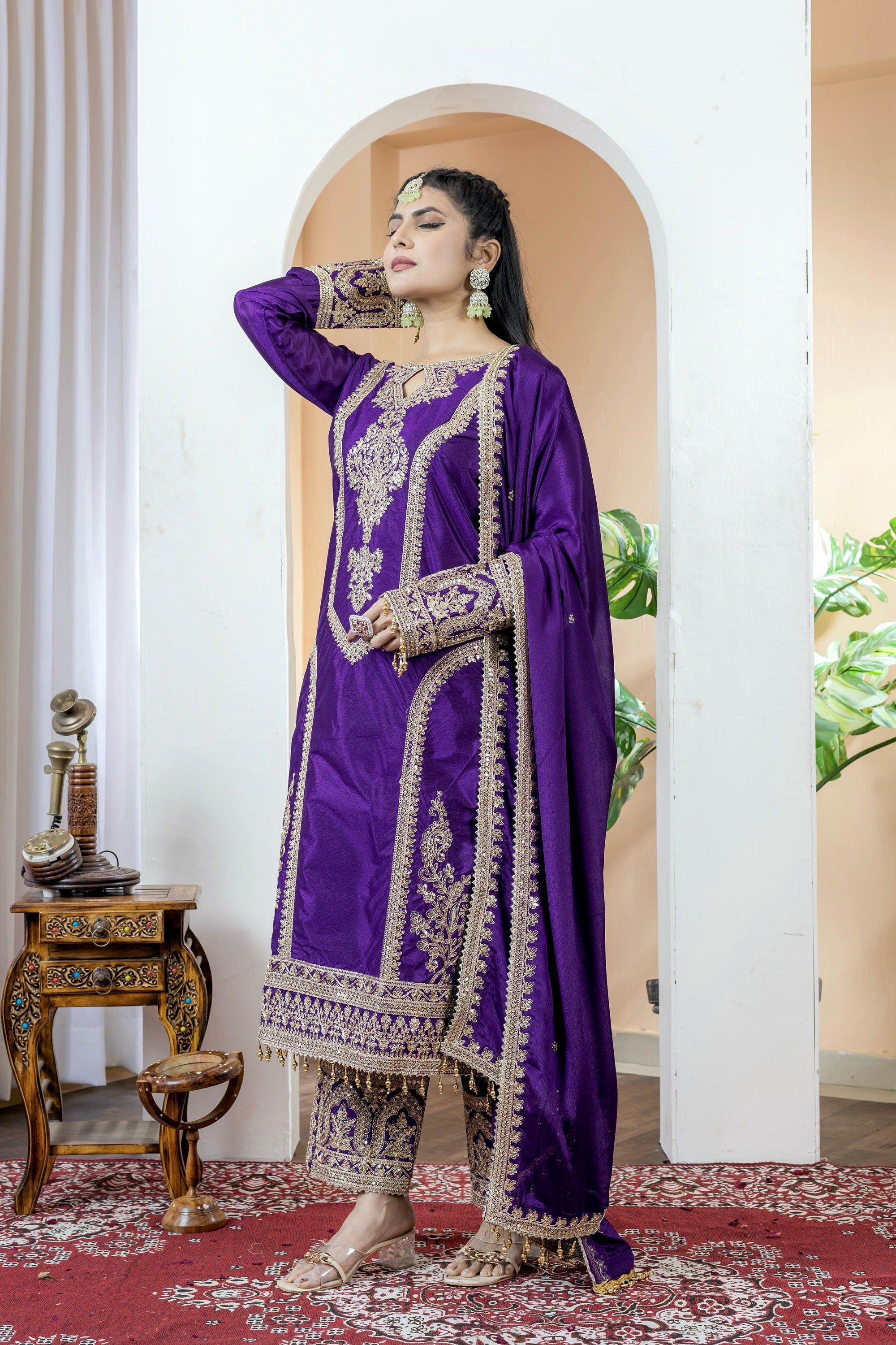 Teeya Creation Purple Color Chinon Silk Heavy Embroidery Work Fully Stitched Salwar Suit - Distacart