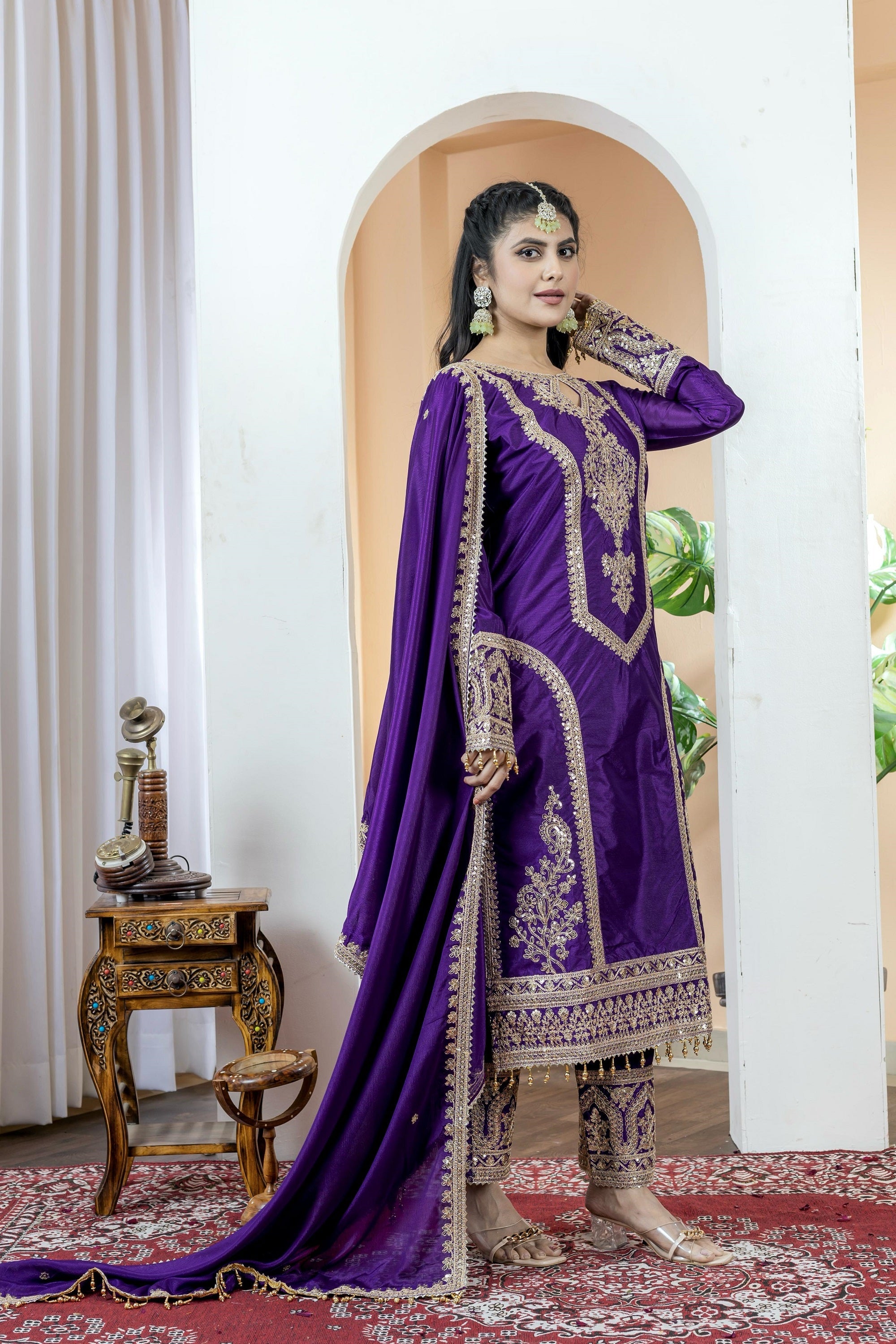 Teeya Creation Purple Color Chinon Silk Heavy Embroidery Work Fully Stitched Salwar Suit - Distacart