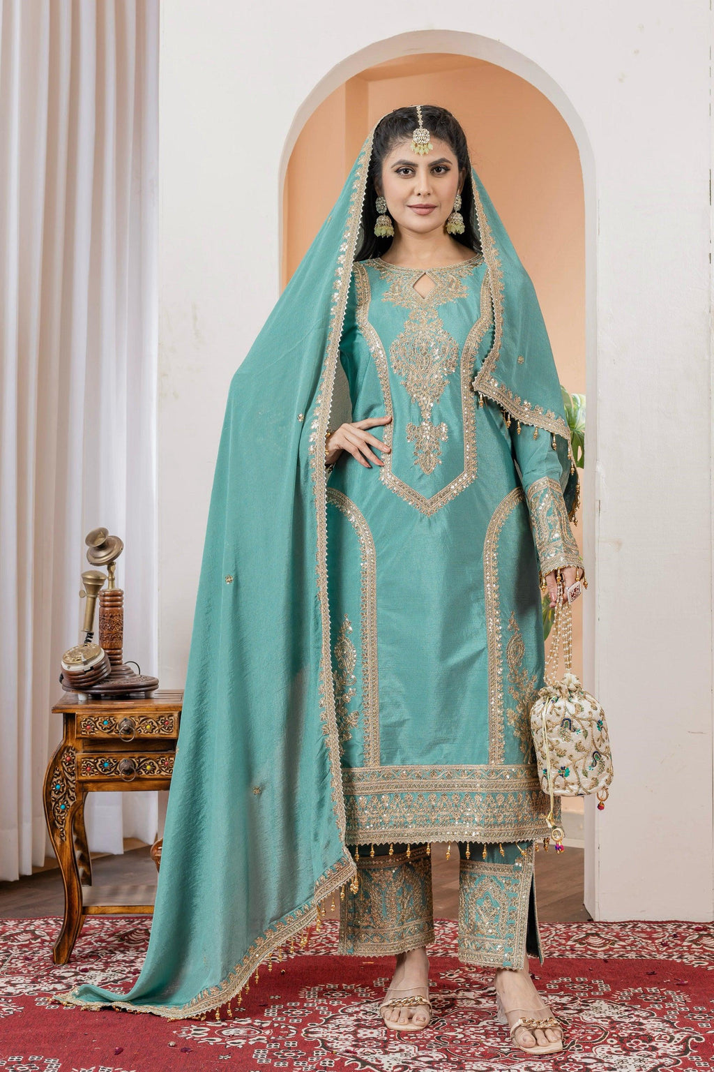 Teeya Creation Turquoise Color Chinon Silk Heavy Embroidery Work Fully Stitched Salwar Suit - Distacart