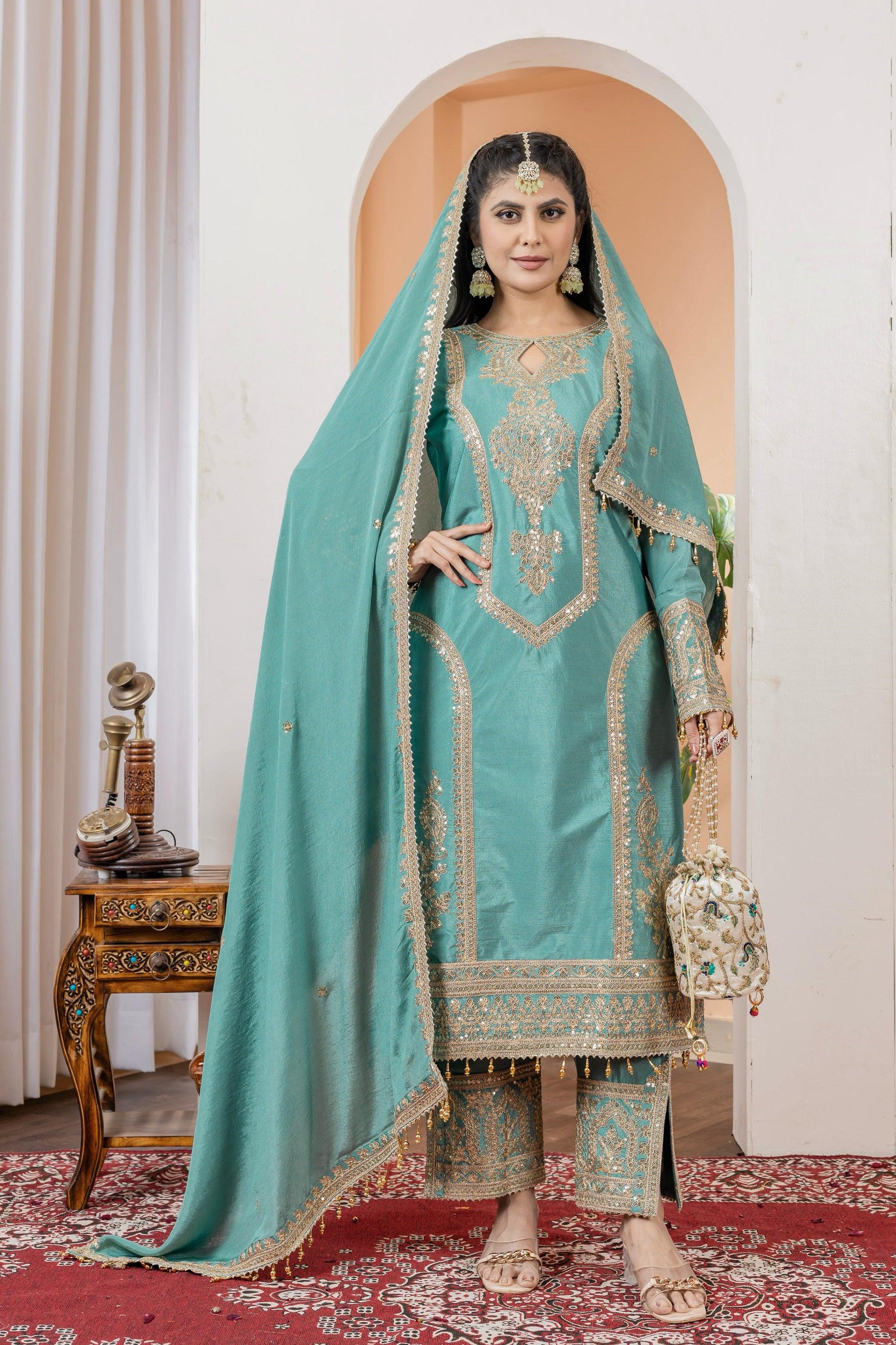 Teeya Creation Turquoise Color Chinon Silk Heavy Embroidery Work Fully Stitched Salwar Suit - Distacart