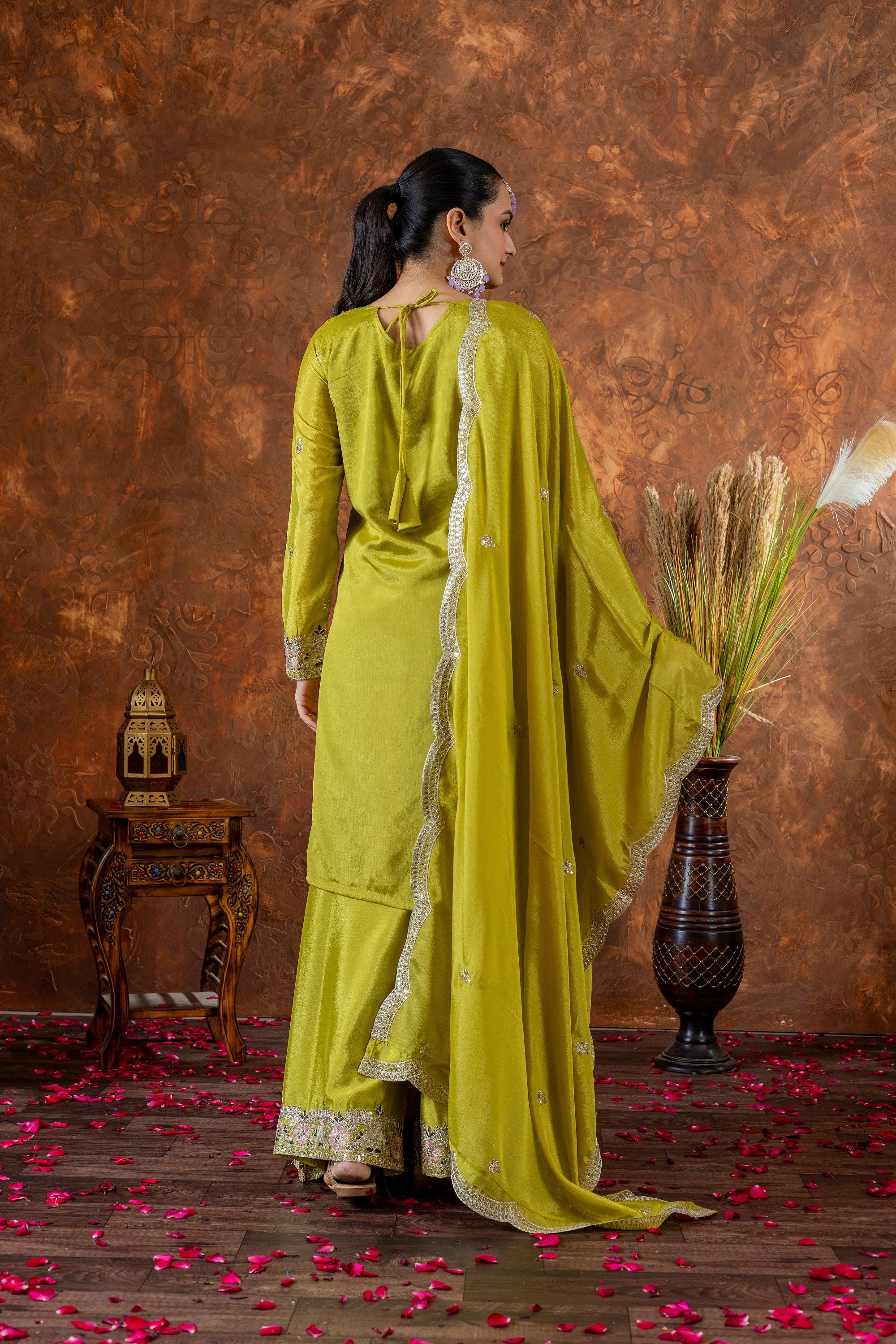 Teeya Creation Olive Color Chinon Silk Heavy Embroidery Work Fully Stitched Salwar Suit - Distacart