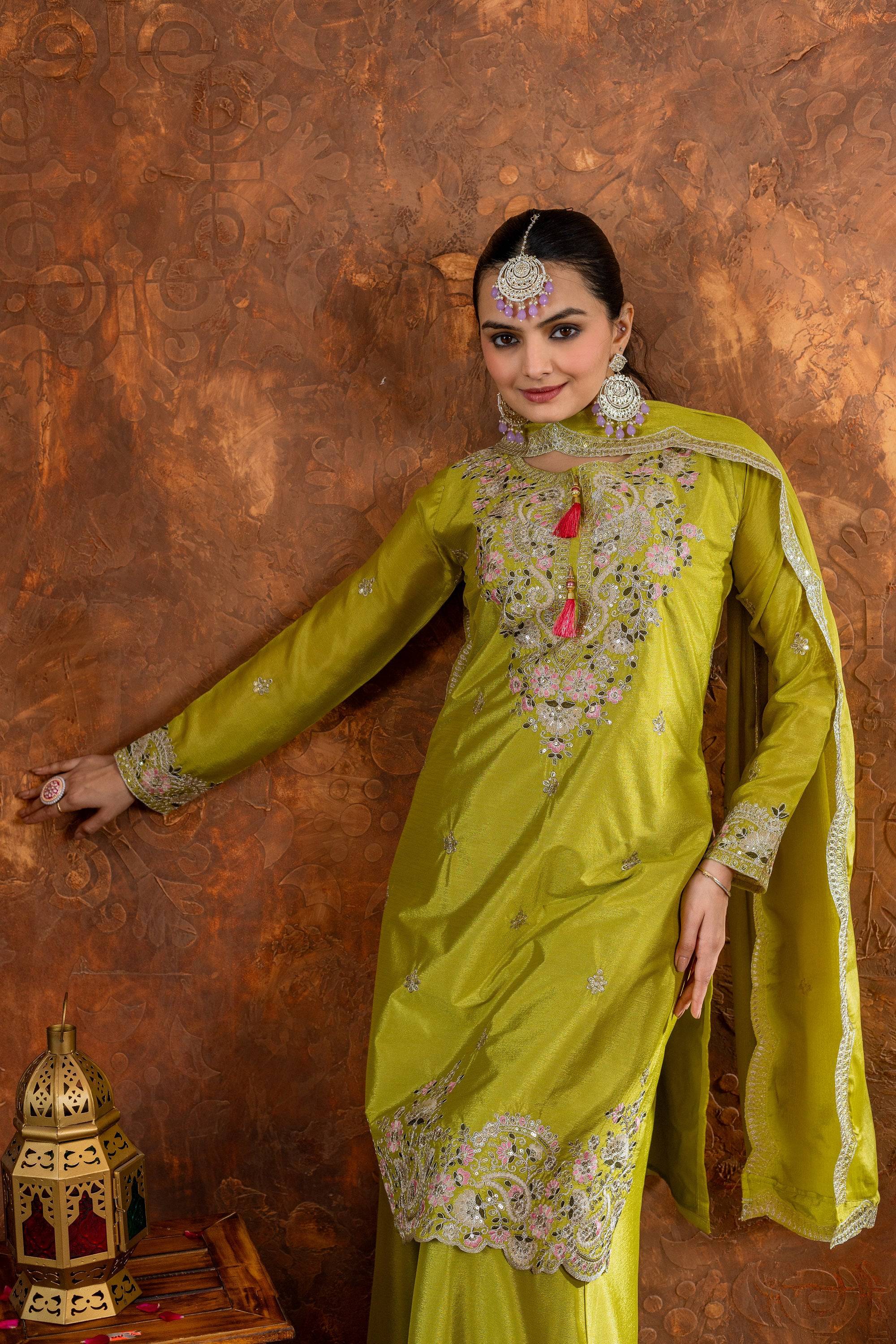 Teeya Creation Olive Color Chinon Silk Heavy Embroidery Work Fully Stitched Salwar Suit - Distacart
