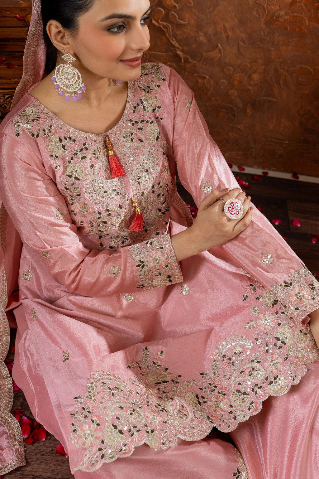 Teeya Creation Peach Color Chinon Silk Heavy Embroidery Work Fully Stitched Salwar Suit - Distacart