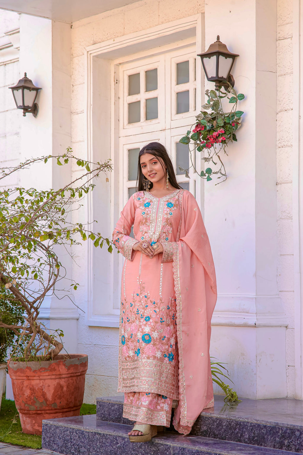 Teeya Creation Peach Color Chinon Silk Heavy Embroidery Work Fully Stitched Salwar Suit