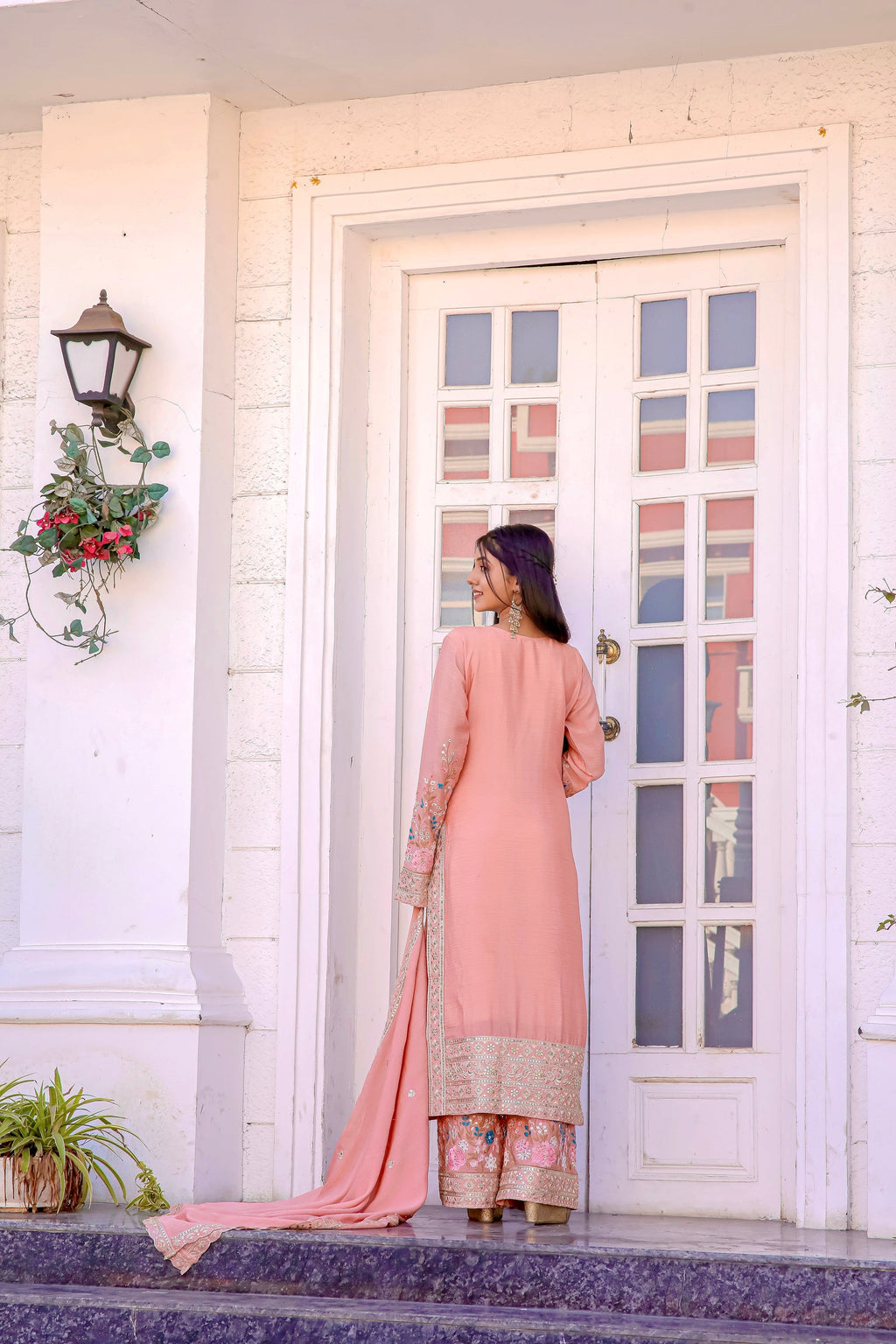 Teeya Creation Peach Color Chinon Silk Heavy Embroidery Work Fully Stitched Salwar Suit