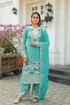 Teeya Creation Turquoise Color Chinon Silk Heavy Embroidery Work Fully Stitched Salwar Suit