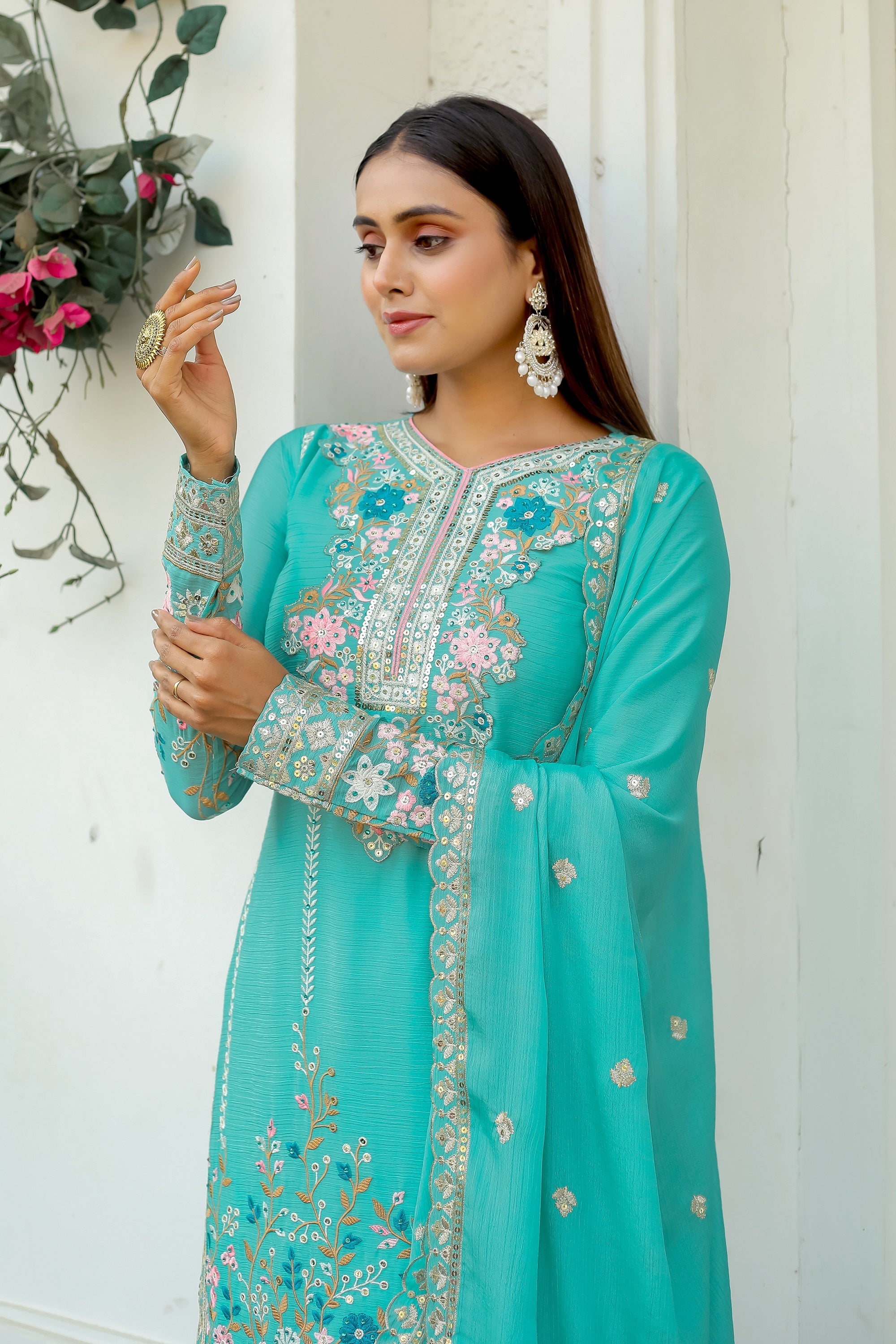 Teeya Creation Turquoise Color Chinon Silk Heavy Embroidery Work Fully Stitched Salwar Suit