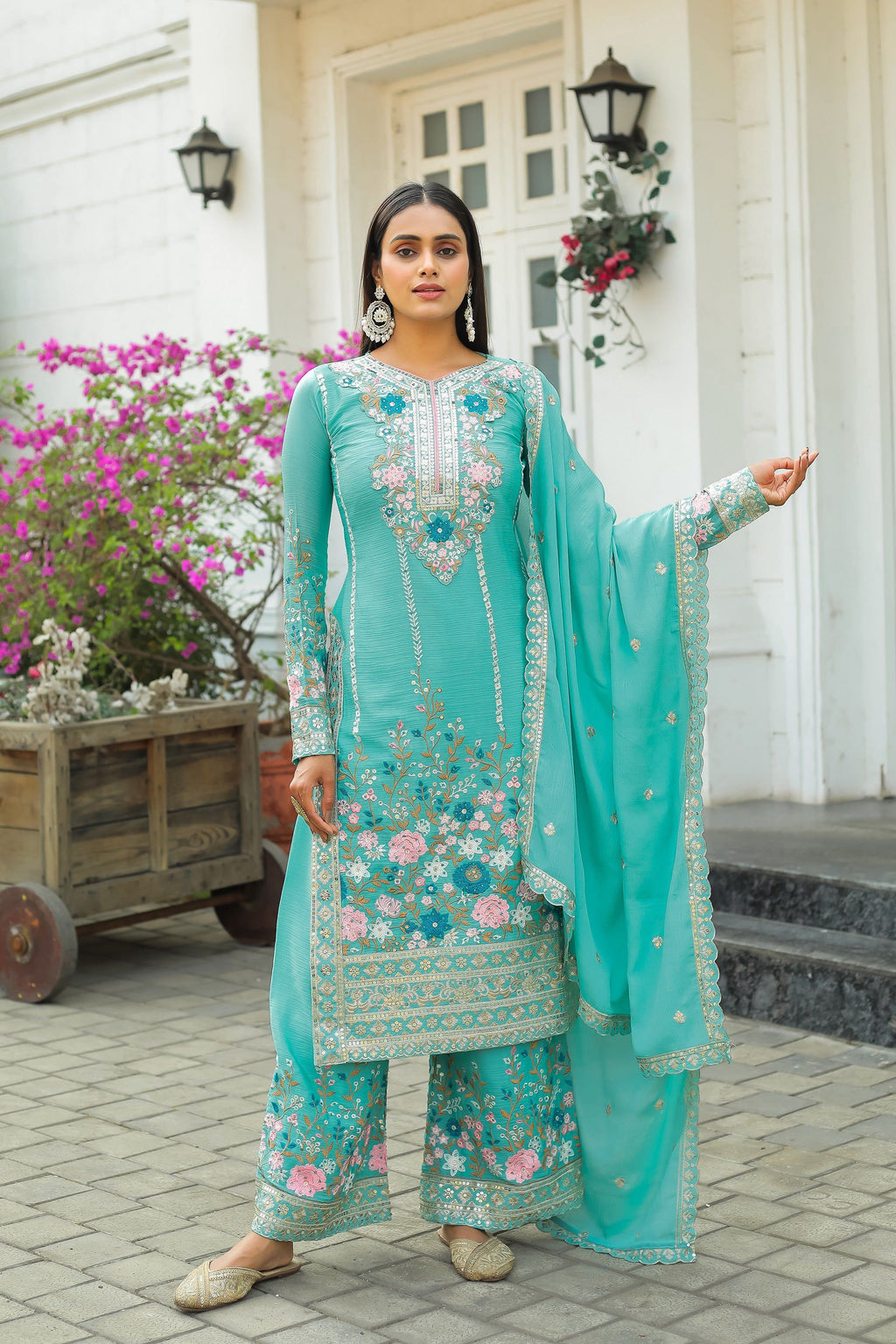Teeya Creation Turquoise Color Chinon Silk Heavy Embroidery Work Fully Stitched Salwar Suit