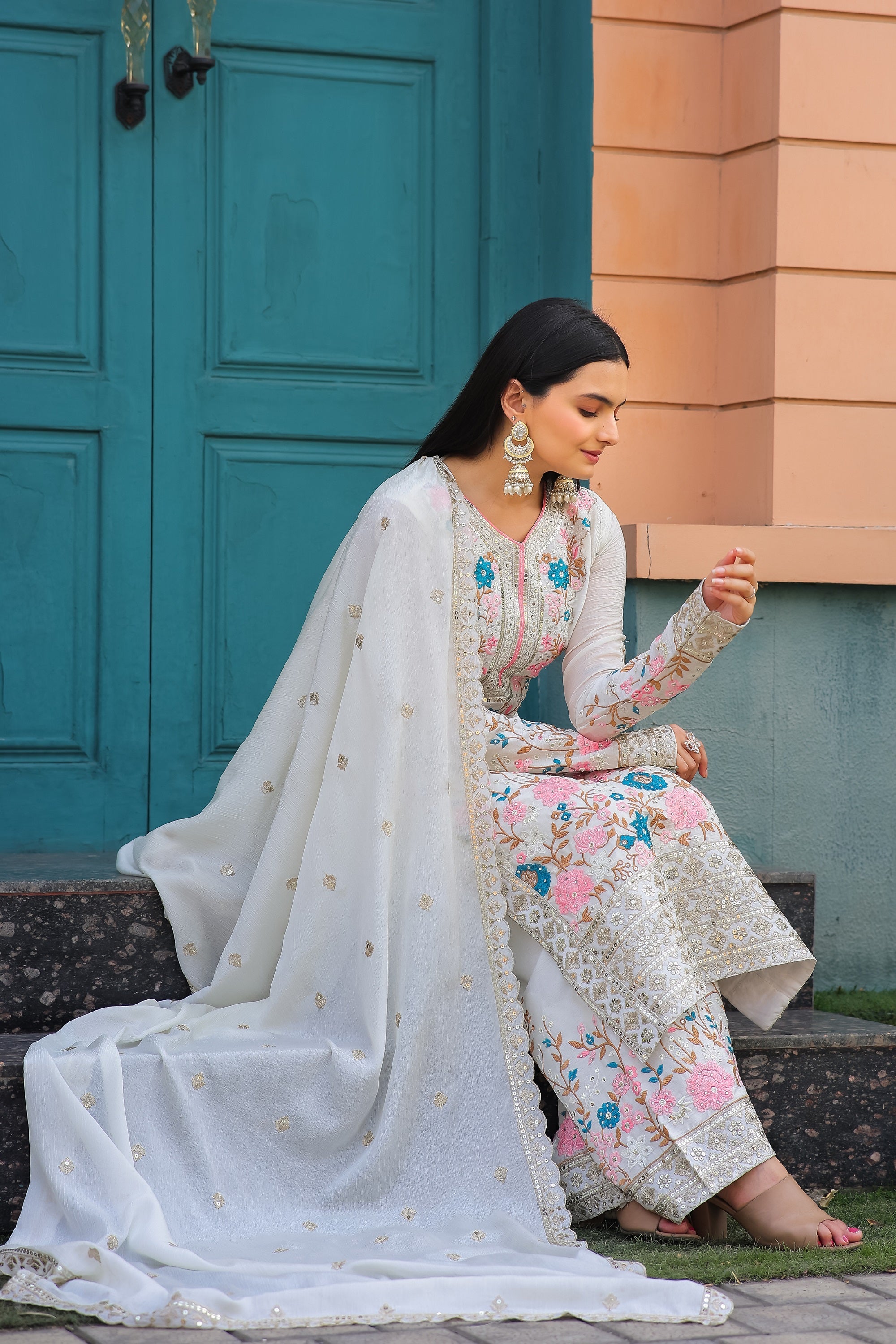 Teeya Creation White Color Chinon Silk Heavy Embroidery Work Fully Stitched Salwar Suit - Distacart