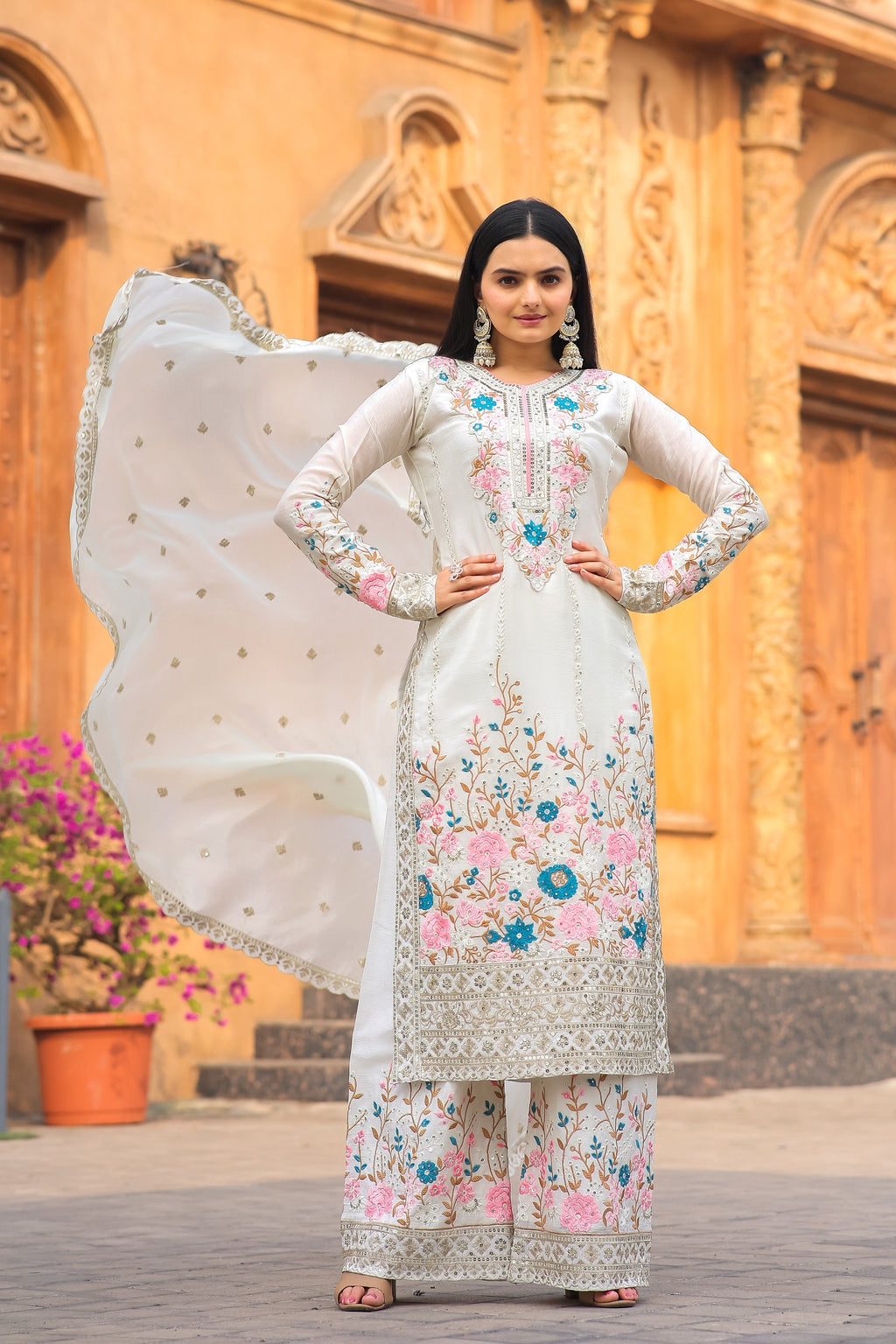Teeya Creation White Color Chinon Silk Heavy Embroidery Work Fully Stitched Salwar Suit - Distacart