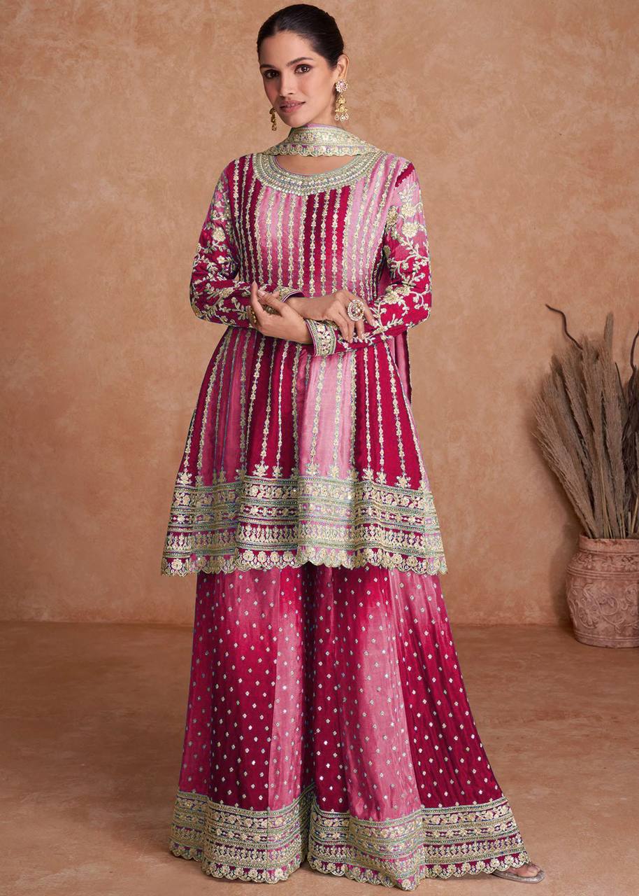 Teeya Creation Multi Colour Chinon Silk Heavy Embroidery Sequence Work Fully Stitched Salwar Suit