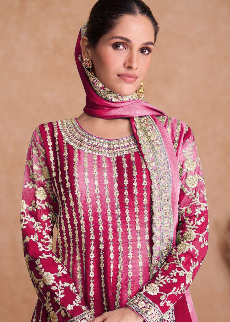 Teeya Creation Multi Colour Chinon Silk Heavy Embroidery Sequence Work Fully Stitched Salwar Suit