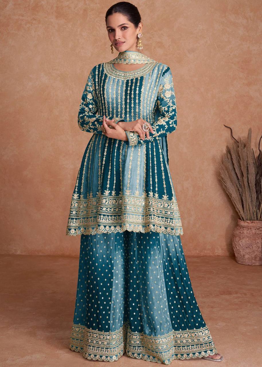 Teeya Creation Multi Colour Chinon Silk Heavy Embroidery Sequence Work Fully Stitched Salwar Suit
