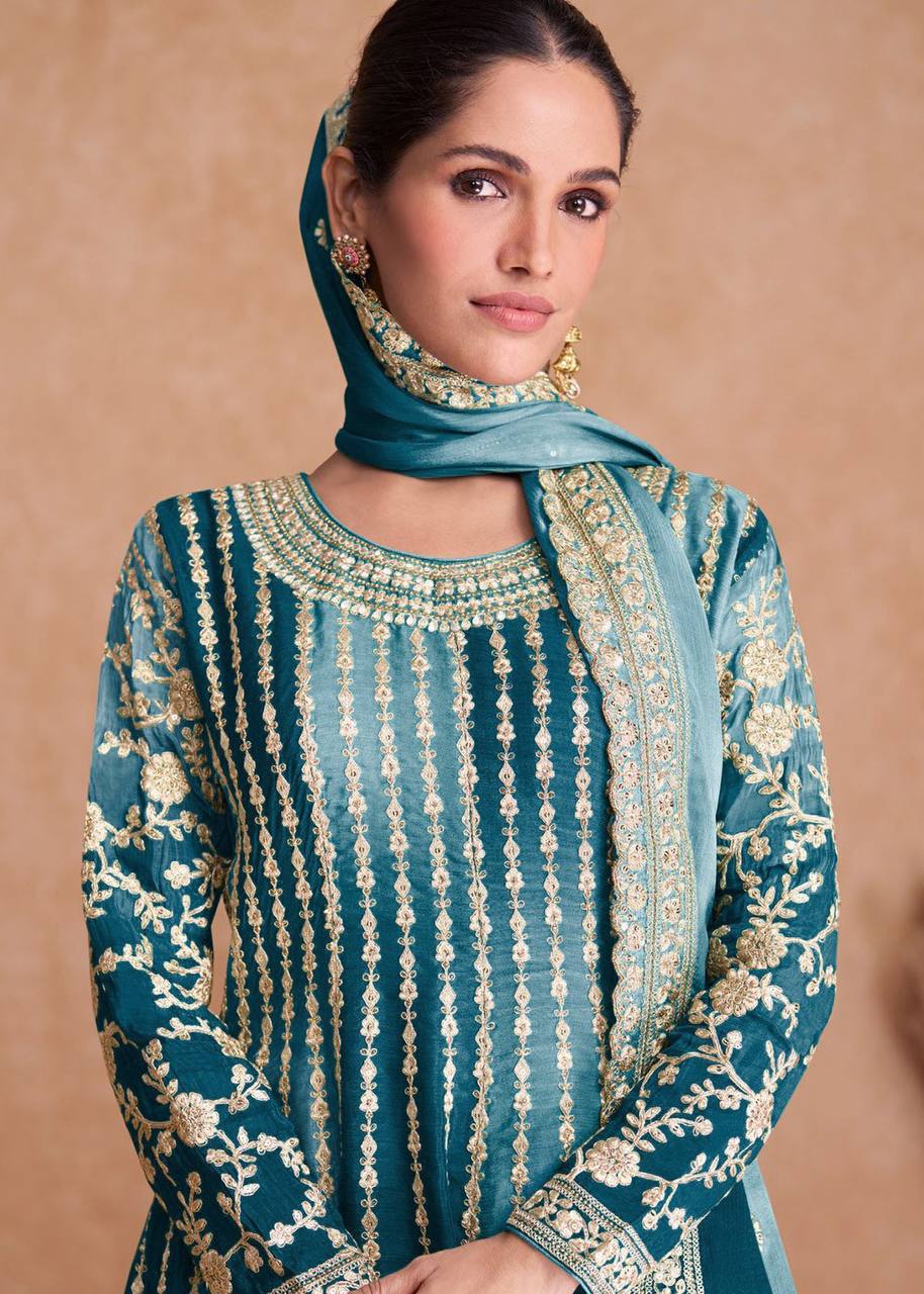 Teeya Creation Multi Colour Chinon Silk Heavy Embroidery Sequence Work Fully Stitched Salwar Suit