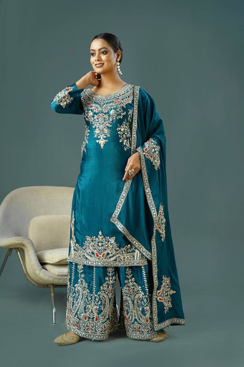 Teeya Creation Teal Colour Chinnon Silk Heavy Embroidery Work Fully Stitched Palazzo Pair - Distacart