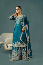 Teeya Creation Teal Colour Chinnon Silk Heavy Embroidery Work Fully Stitched Palazzo Pair - Distacart